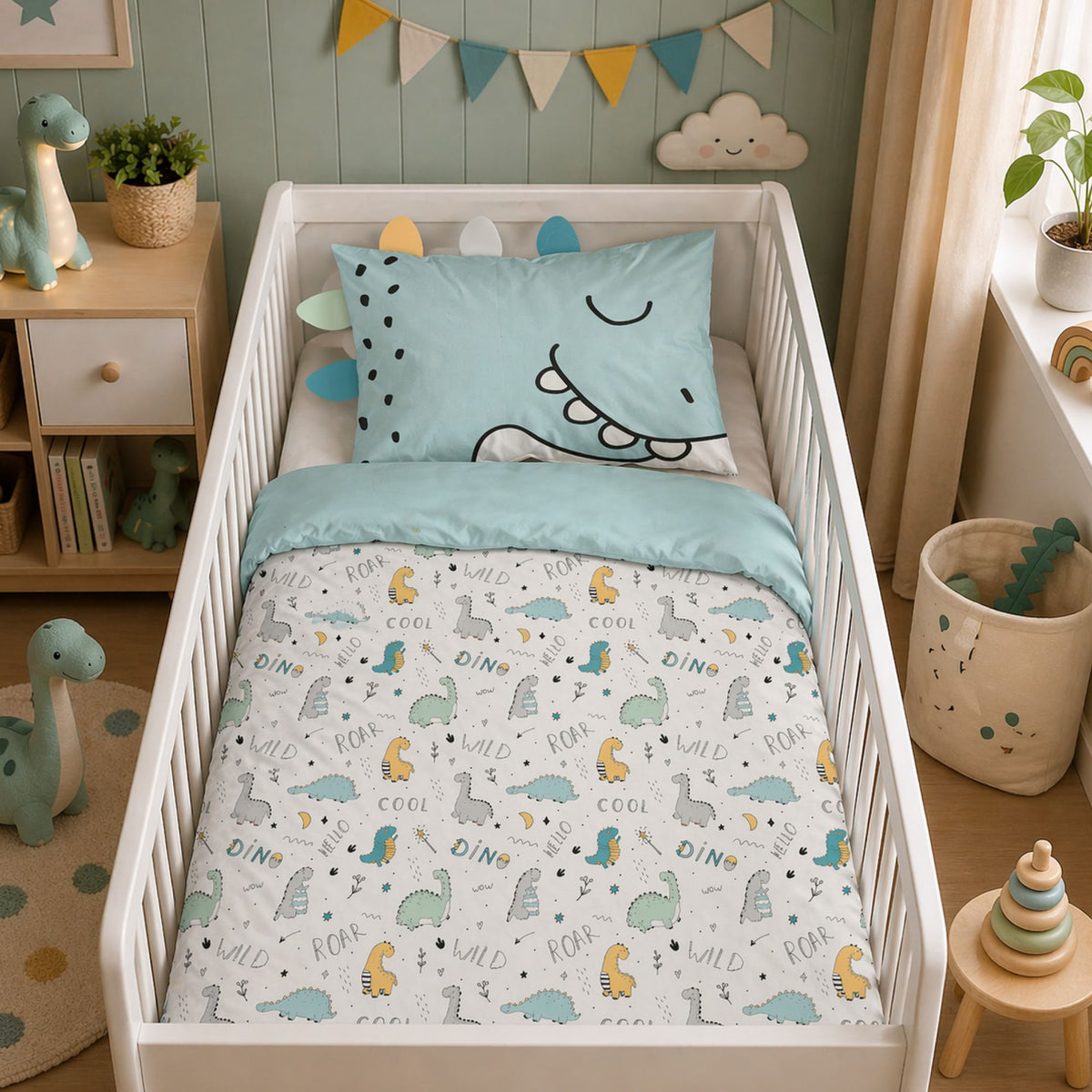 Baby Bettwäsche Set Dinosaurier 2-teilig - 100x135 40x60 cm aus 100% Baumwolle Dino mit Ohren & Stacheln