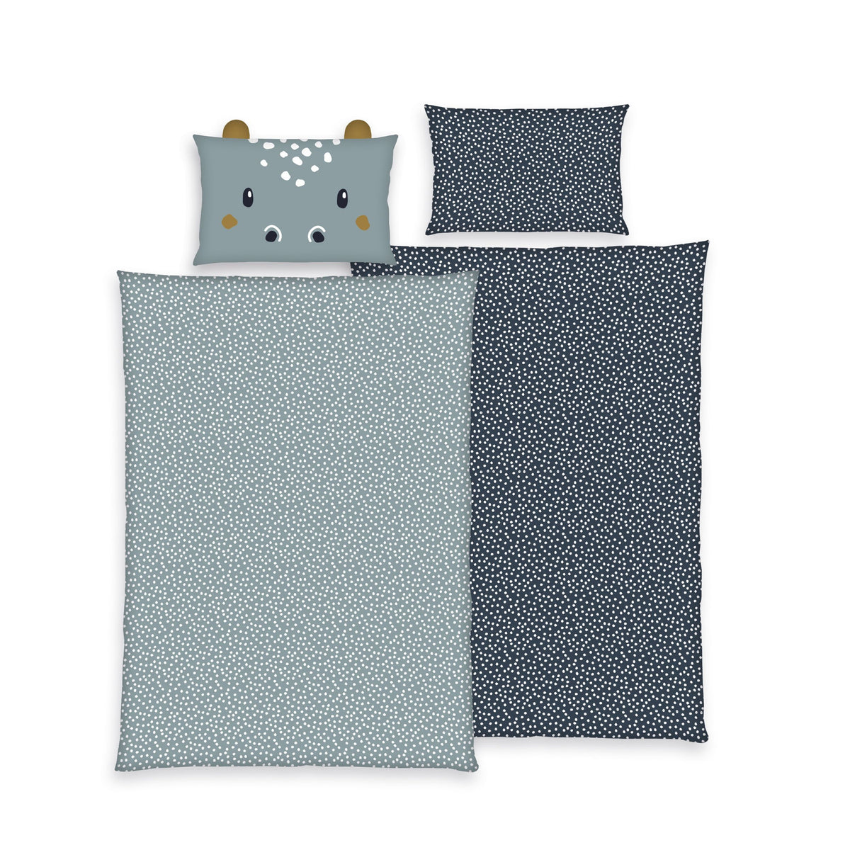Baby Bettwäsche Set Nilpferd Hippo 2-teilig - 100x135 40x60 cm aus 100% Baumwolle mit Ohren