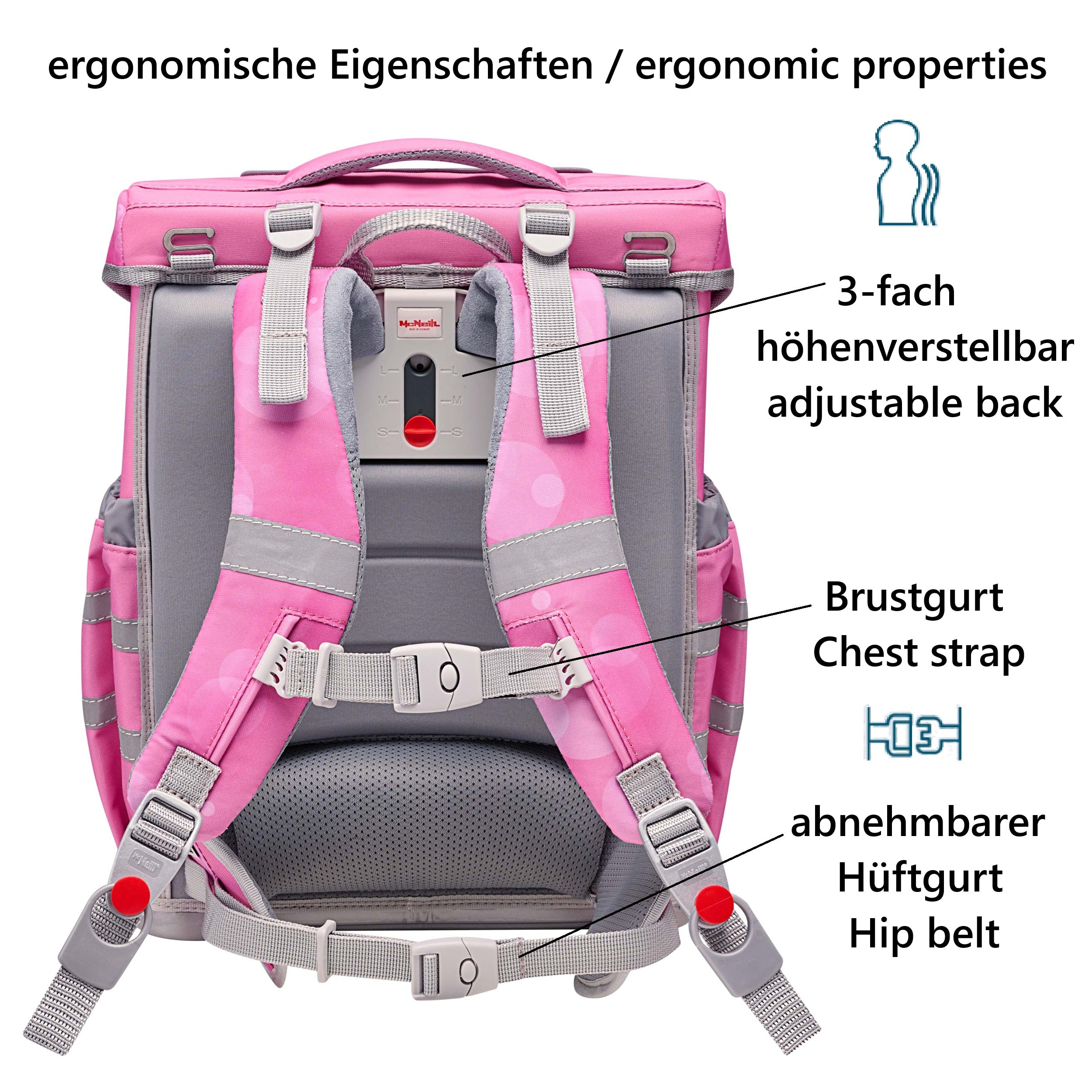 McNeill Schulranzen Ergo Complete Rückansicht mit verstellbaren Schultergurten Rückenpolster und Hüftgurt