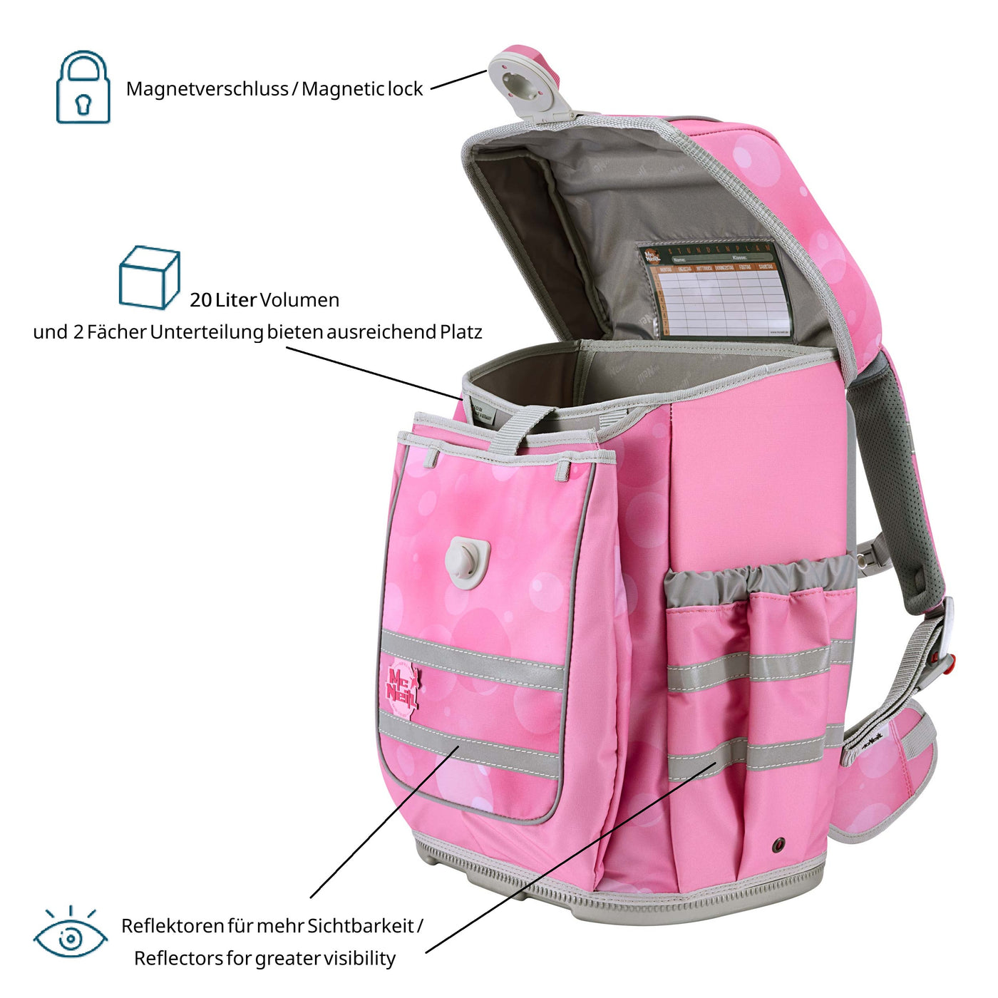 McNeill Ballerina Schultasche Rosa mit Refklektoren und Magnet-Schloss