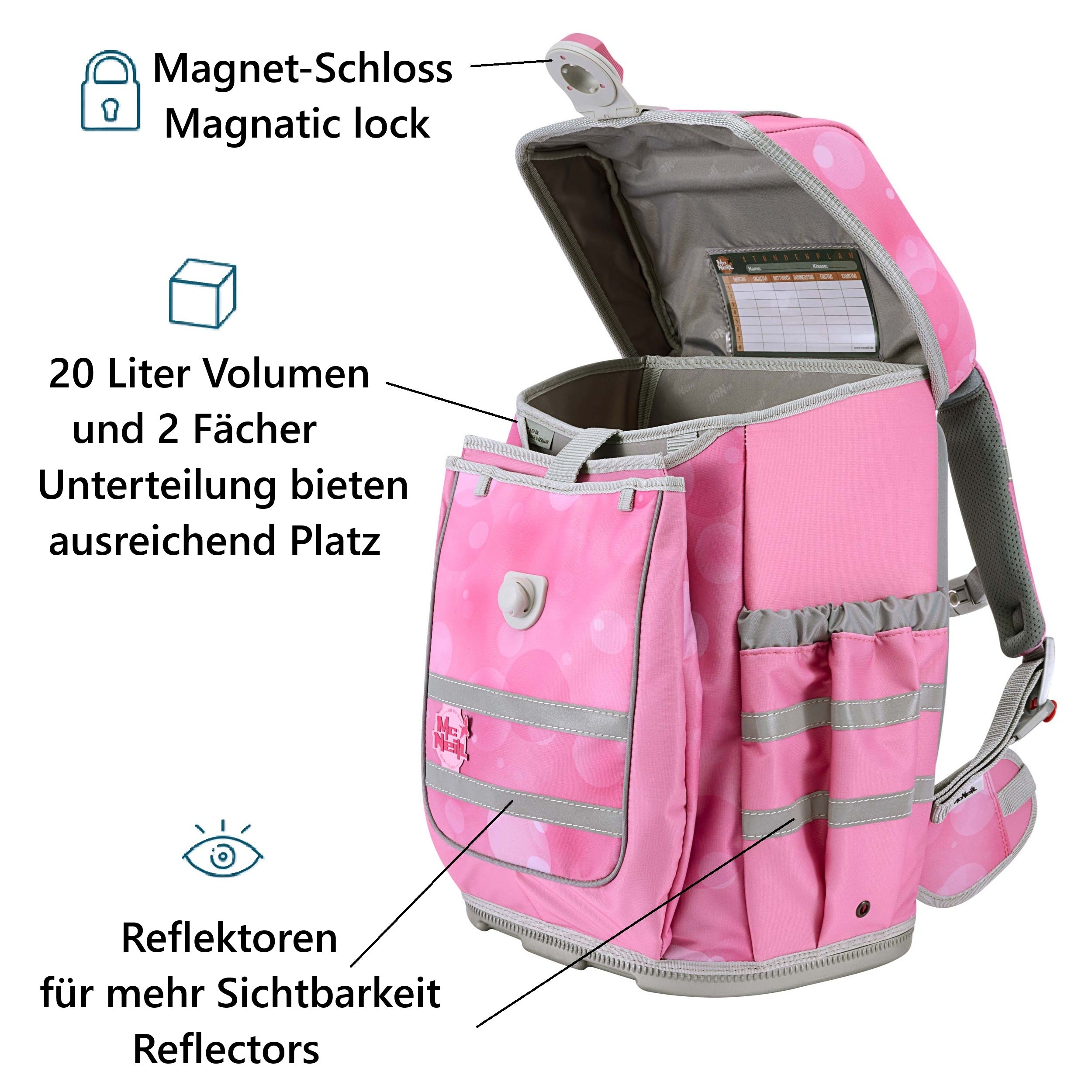 McNeill Ballerina Schultasche Rosa mit Refklektoren und Magnet-Schloss