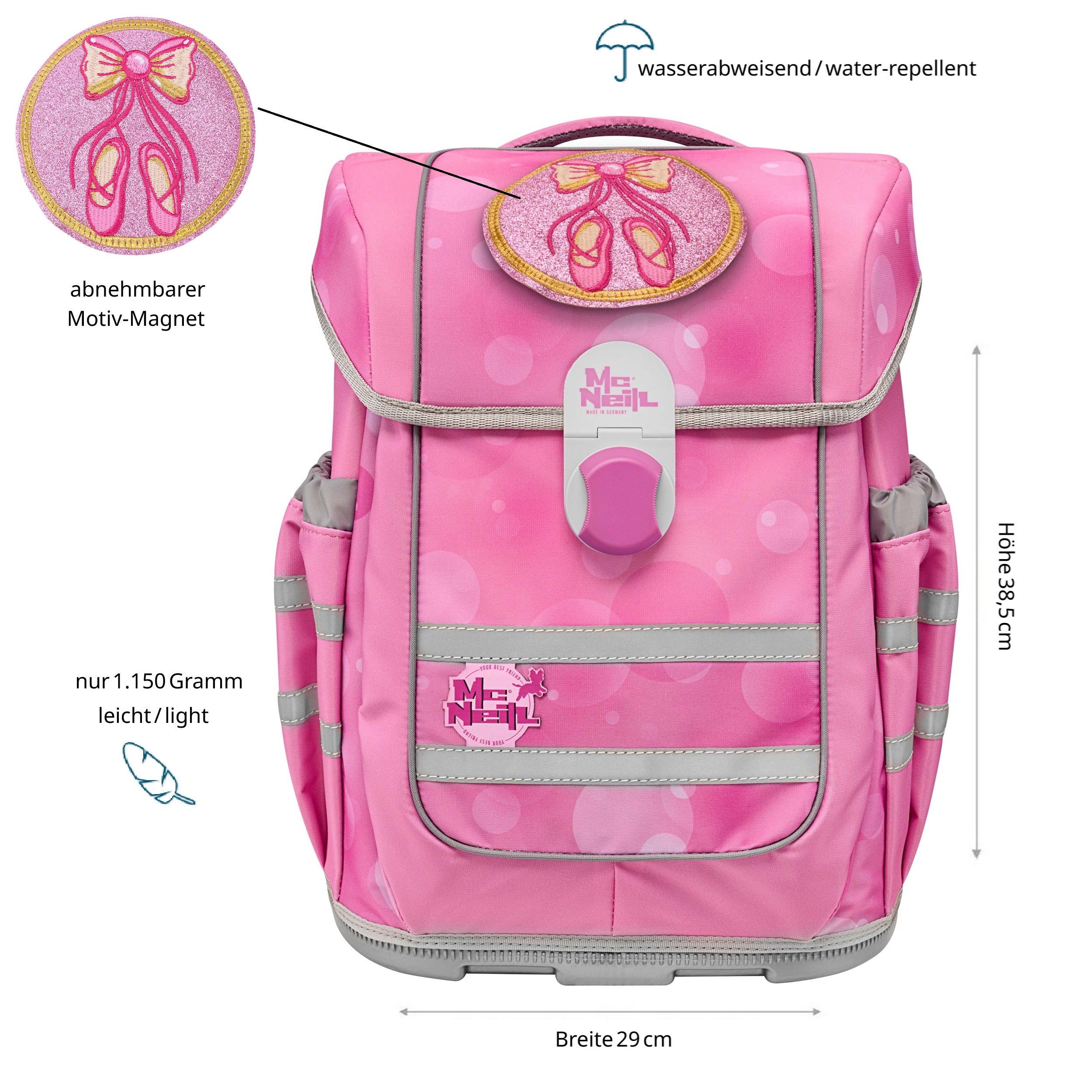 McNeill Ballett Schulranzen Ergo Complete mit Motivmagnet in Rosa Frontansicht