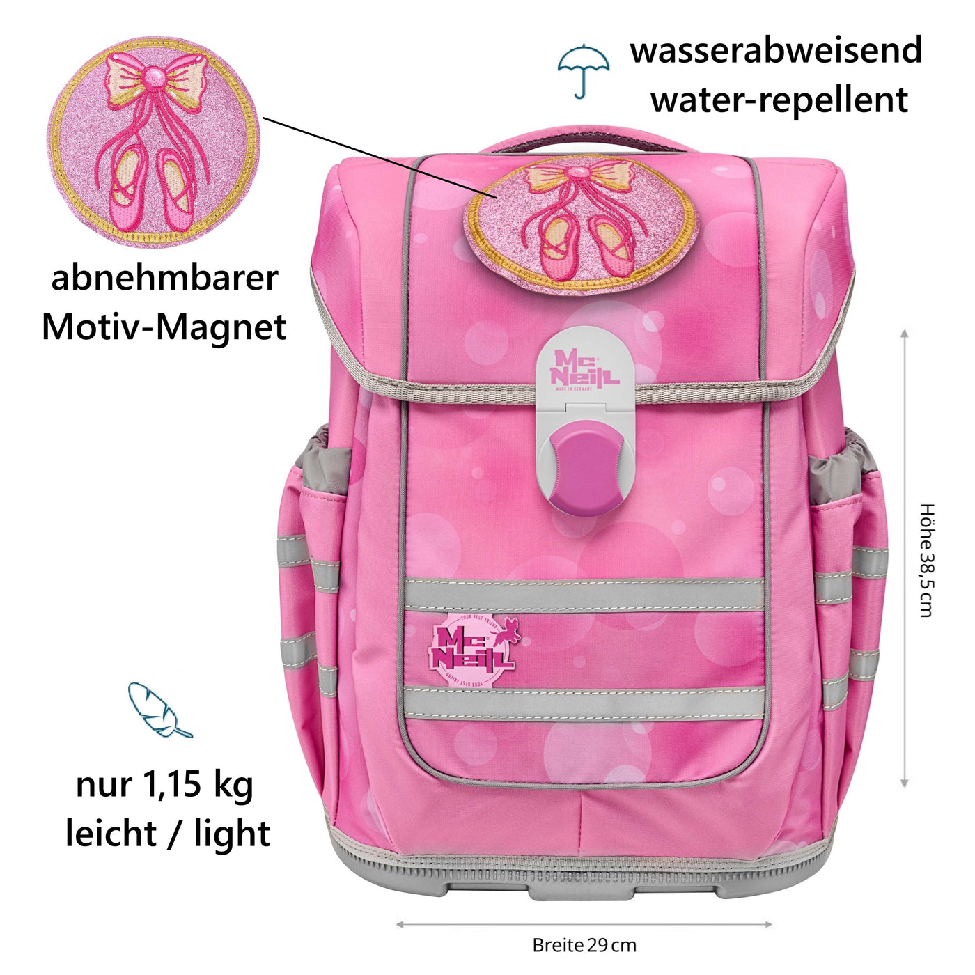 McNeill Ballett Schulranzen Ergo Complete mit Motivmagnet in Rosa Frontansicht