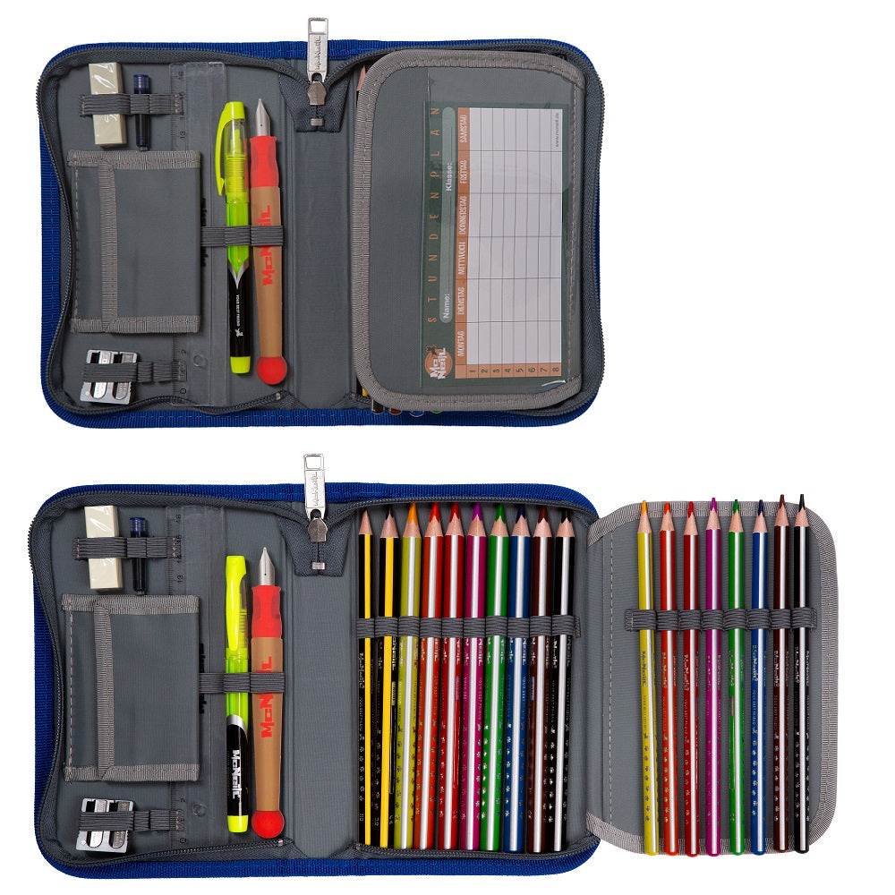 Federmappe geöffnet mit Stiften, Radierer und Spitzer gefüllt