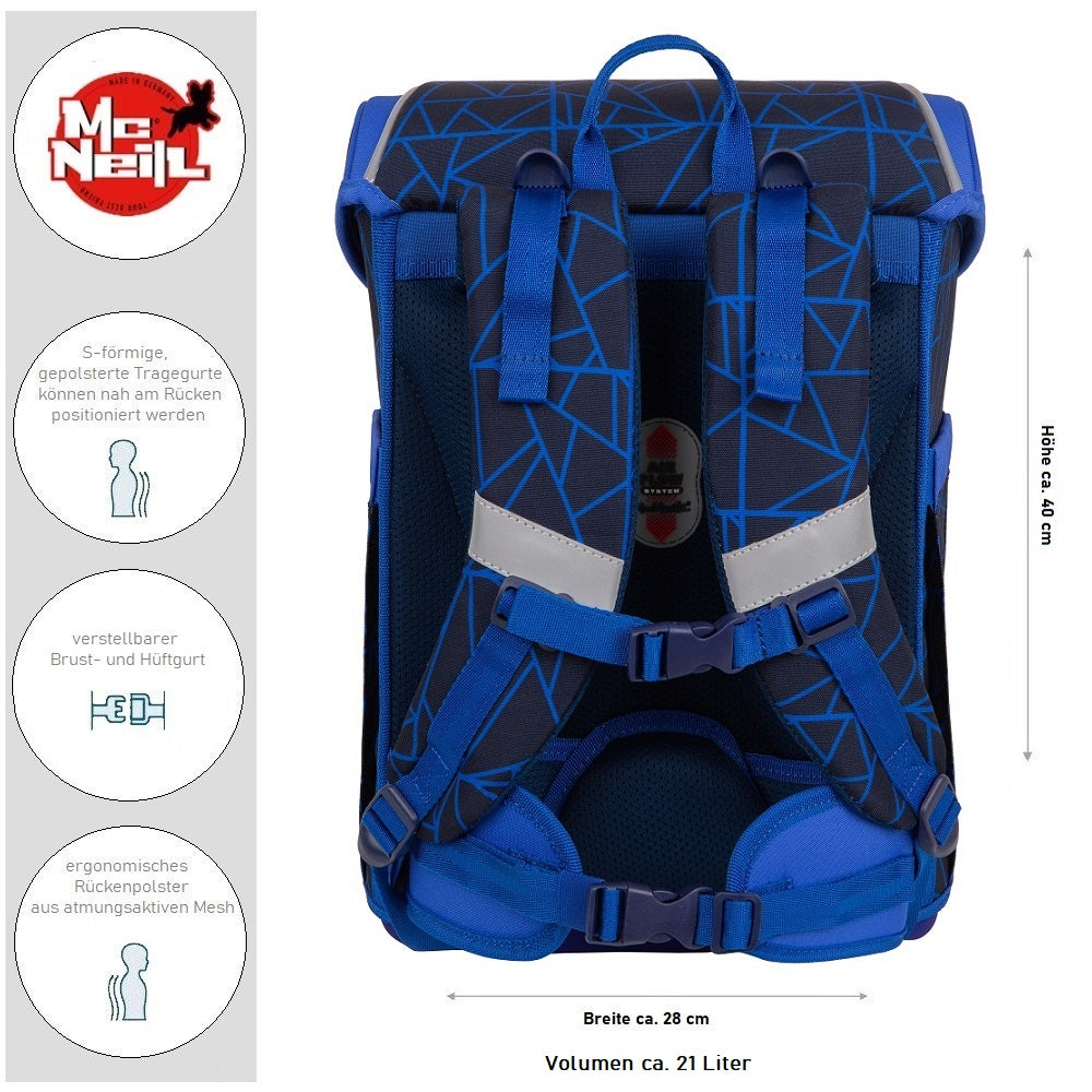 Rückseite Schulranzen mit gepolsterten Rückenbett und Schultergurten mit Brustgurt