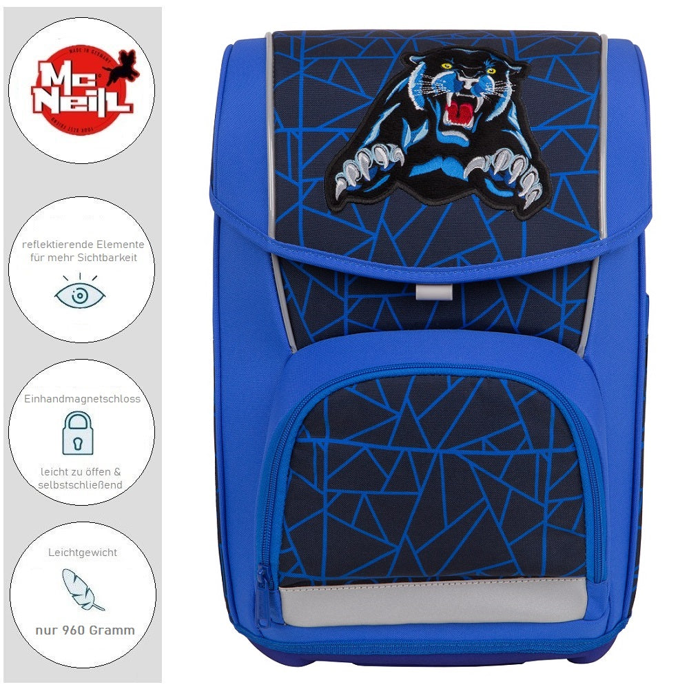 Frontansicht Schulranzen mit Frontfach und Deckel im blauen Panther Design 