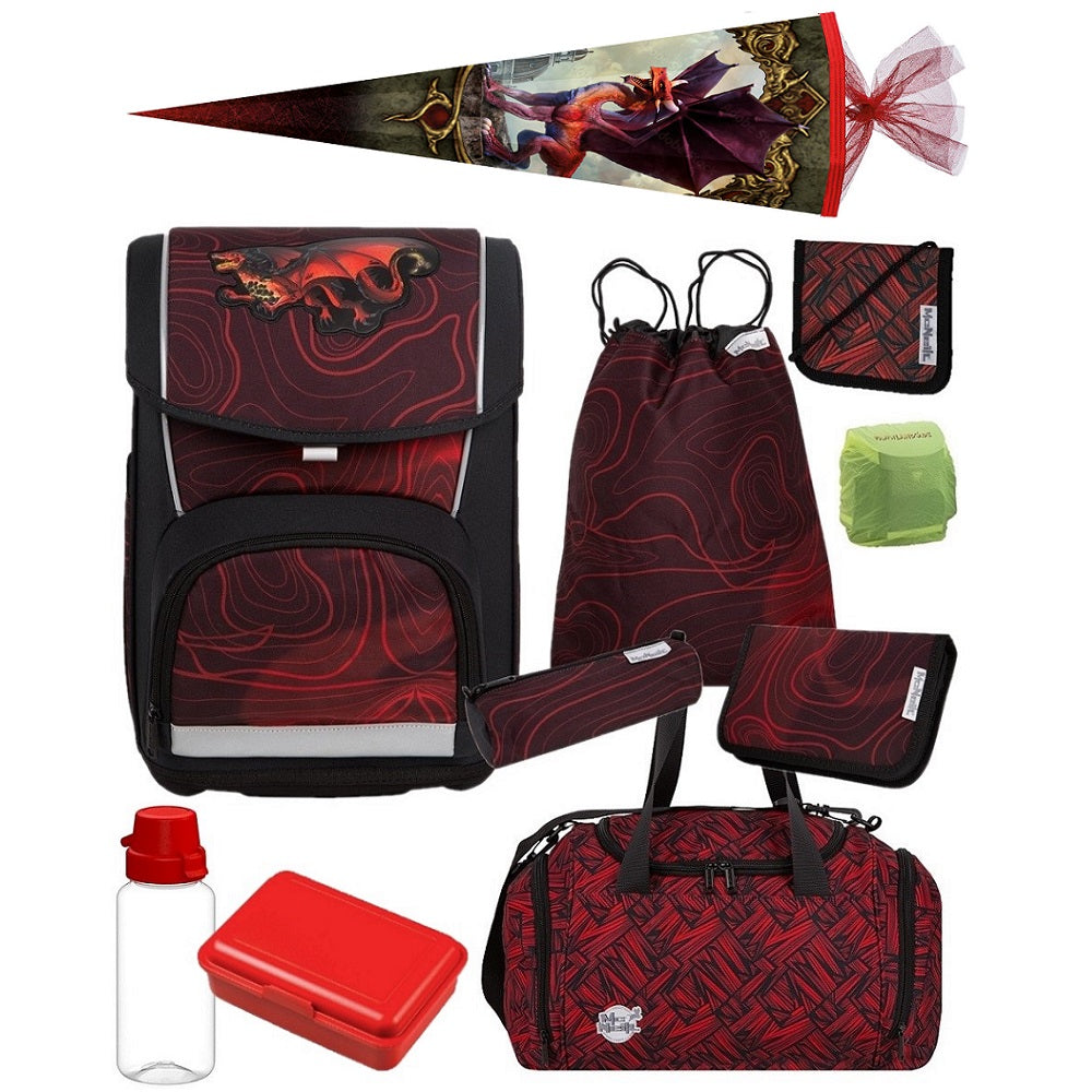 McNeill Schulranzen Dragon Drachen Rot mit Federmappe Turn- und Geldbeutel, sowie Schlamperrolle