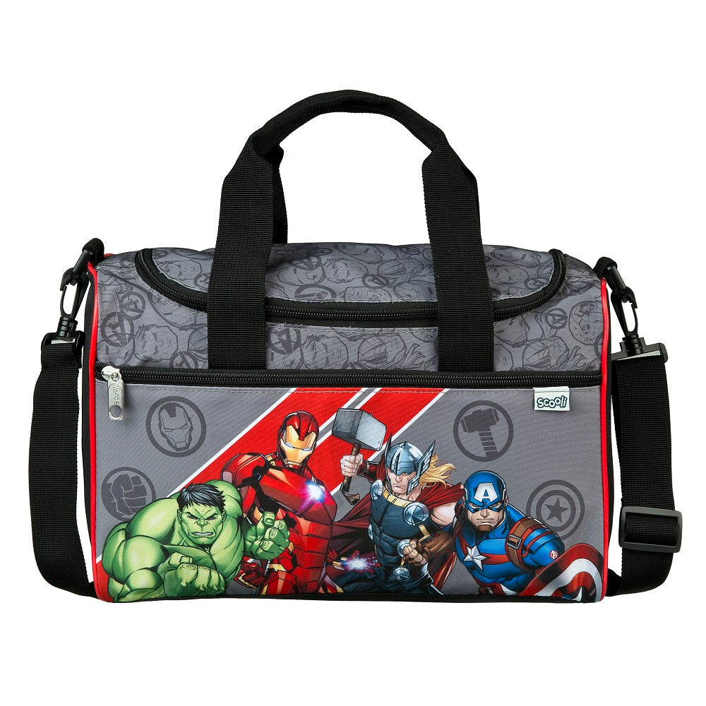 graue Sporttasche im passenden Design mit Avengers Hulk Thor Iron Man und Cpt. America