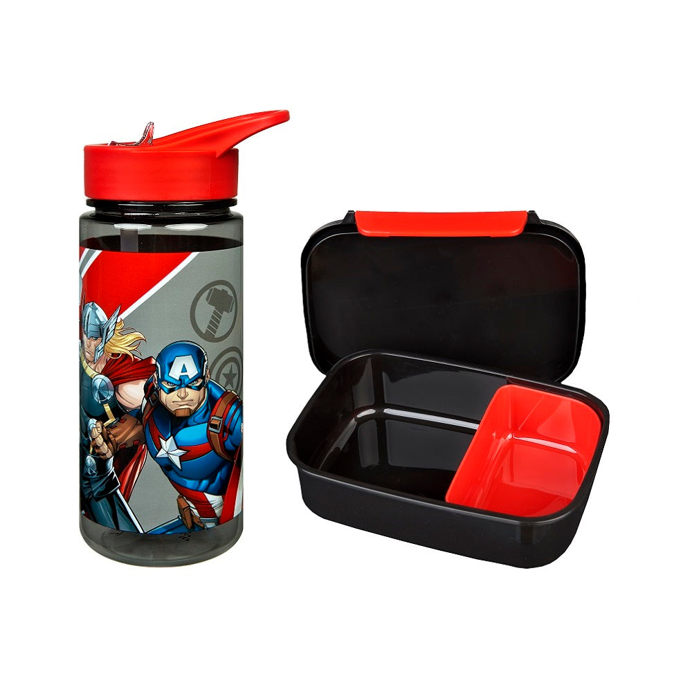 Brotdose und Trinkflasche in schwarz rot mit Avengers Motiv