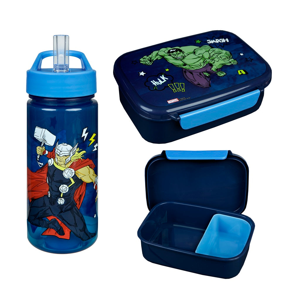 Trinkflasche und Brotzdose in dunkelblau mit Avengers Motiv passend zum Schulranzen