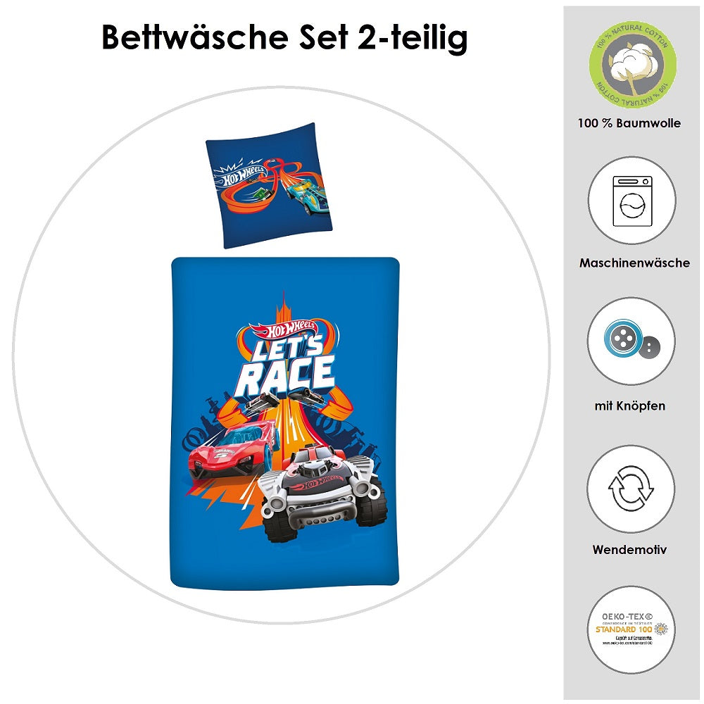 Kinderbettwäsche 135 x 200 mit Hot Wheels Renn-Auto Motiv 