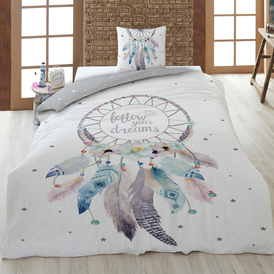 Bettwäsche Set 2-teilig mit Traumfänger auf weißer Vorderseite und Wendeseite in grau mit Sternen & Feder Muster 