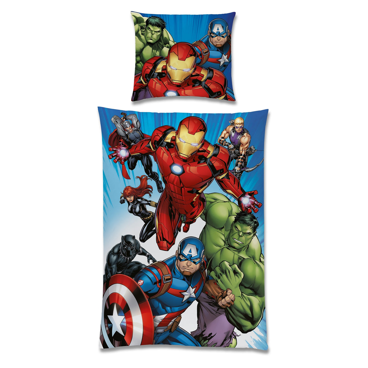 Vorderseite Avengers Bettwäsche im Comic Stil mit allen wichtigen Avengers