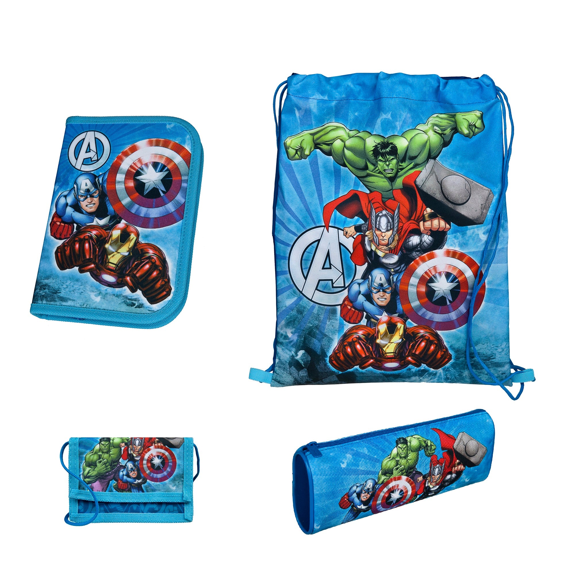 Schulranzen Zubehör Federmappe, Turnbeutel, Geldbeutel und Schlamperrolle im passenden Avengers Stil