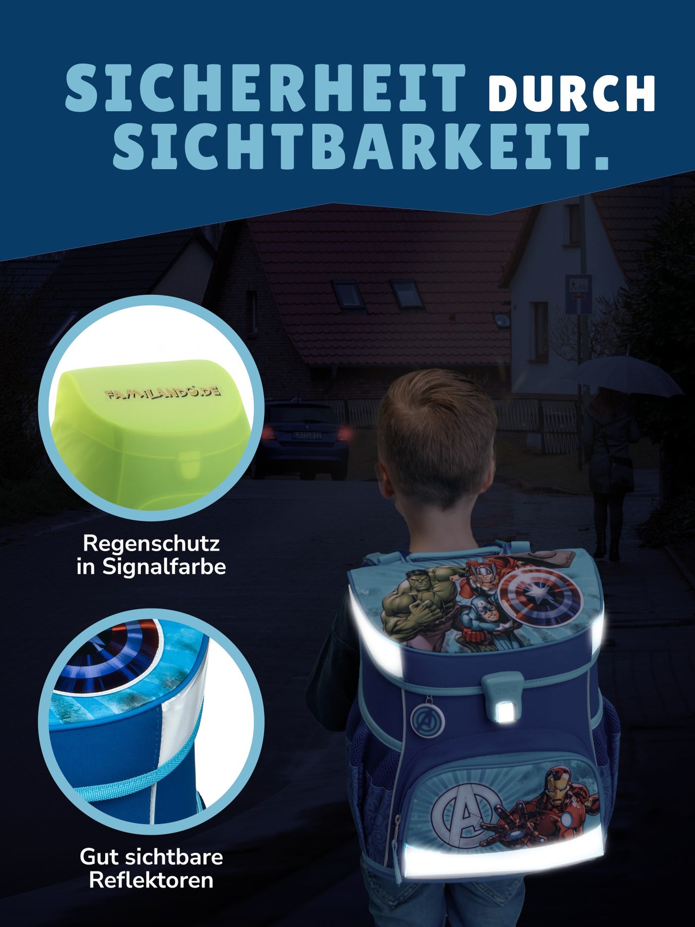 Junge im Dunkeln mit reflektierendem Schulranzen