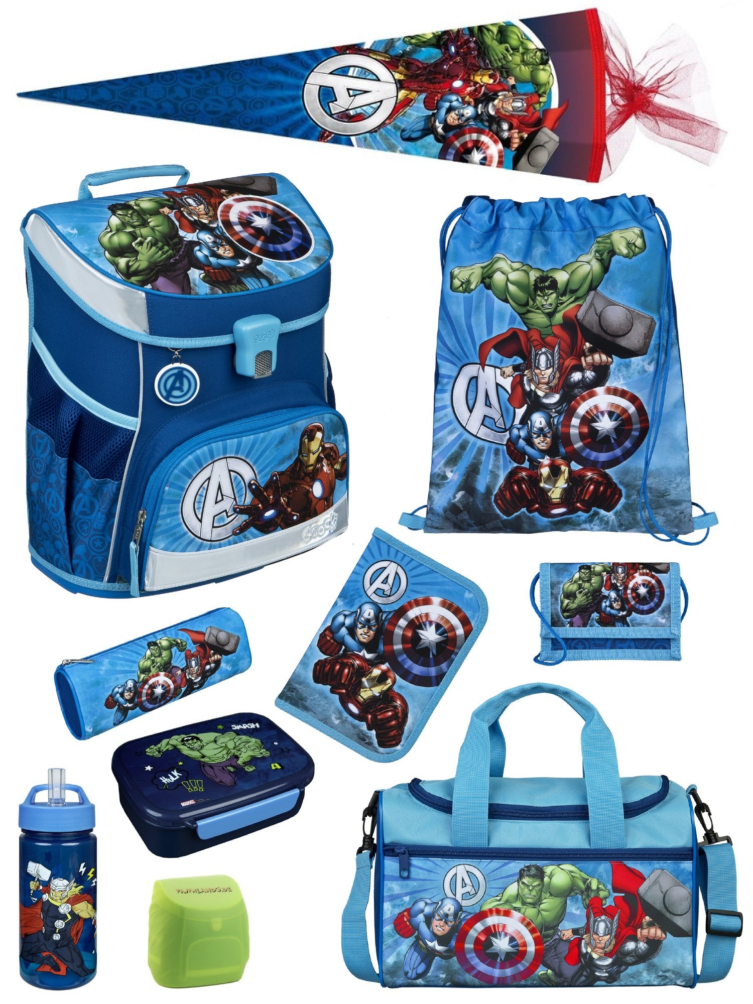 Scooli Campus Fit Schulranzen Set Avengers, blau - Marvel Schultasche ab 1. Klasse