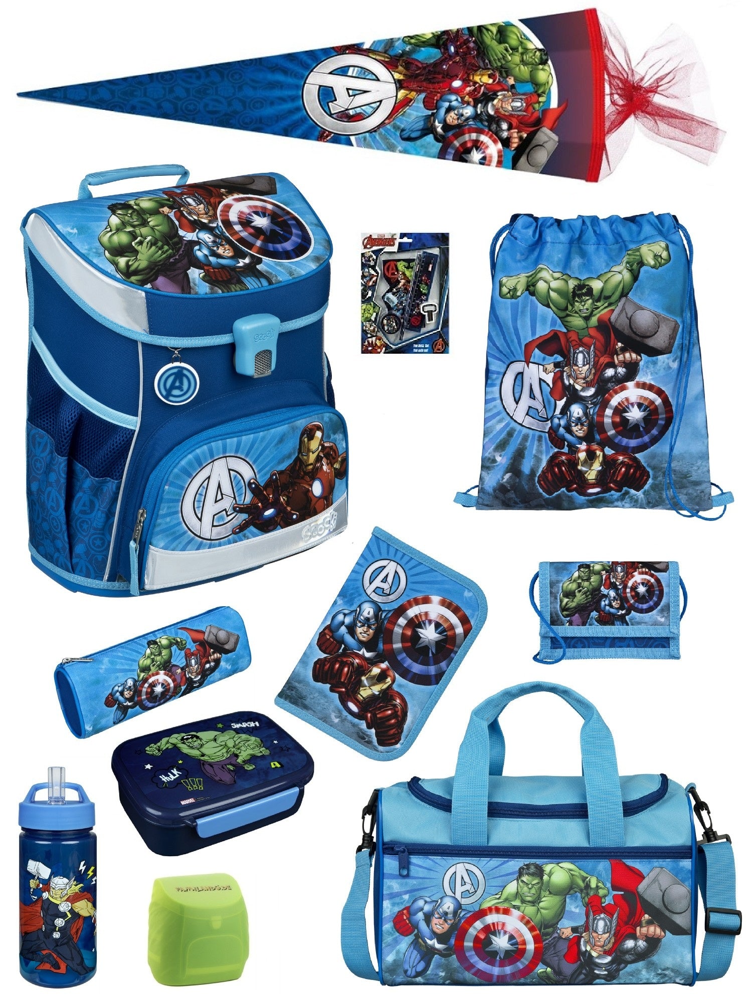 Scooli Campus Fit Schulranzen Set Avengers, blau - Marvel Schultasche ab 1. Klasse