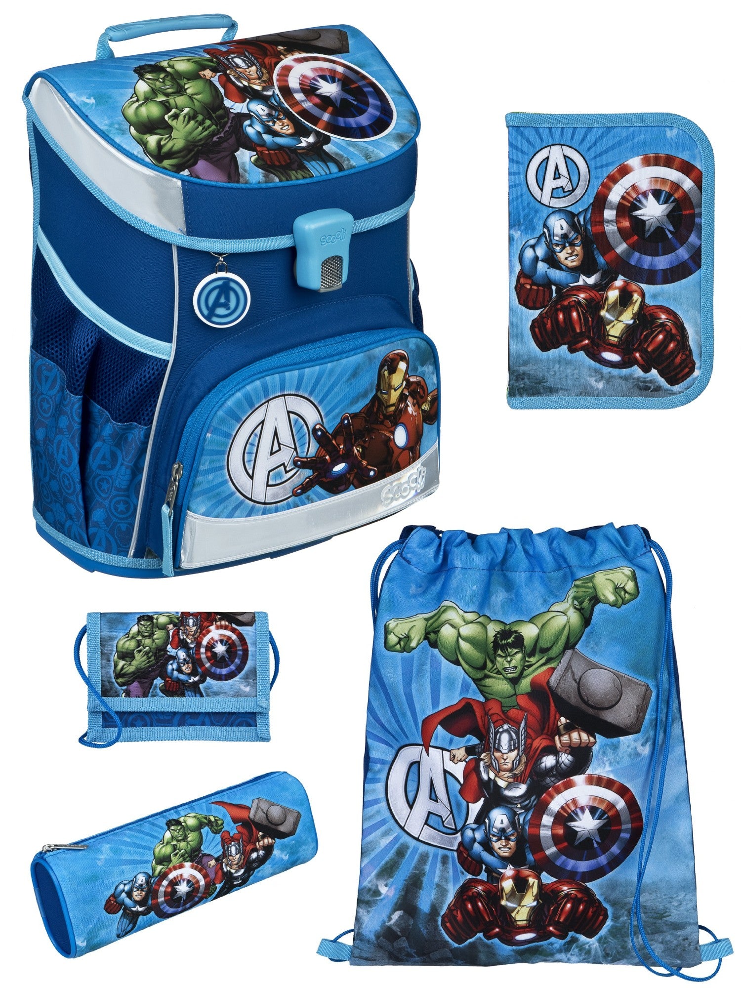 Scooli Campus Fit Schulranzen Set Avengers, blau - Marvel Schultasche ab 1. Klasse