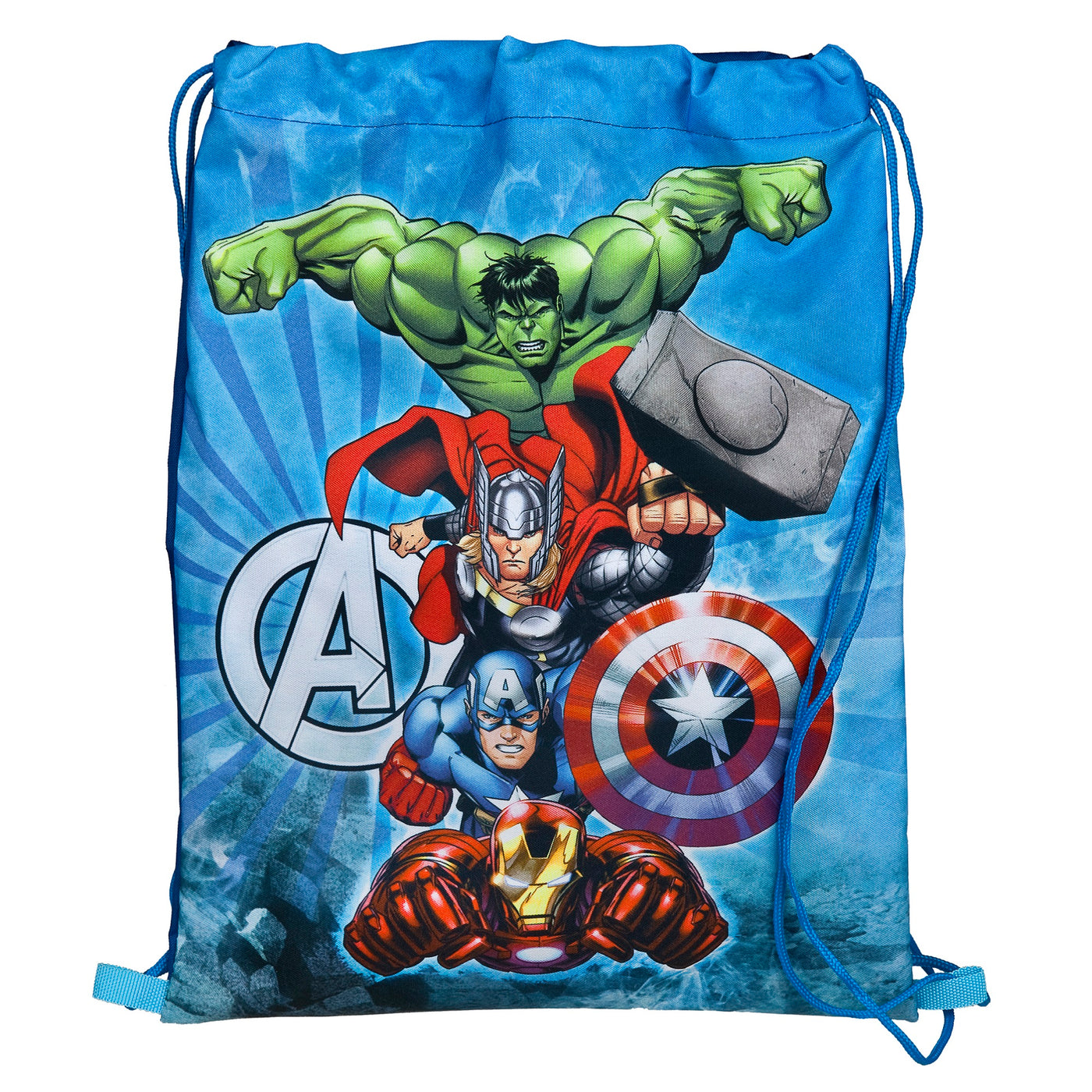 Detailansicht hellblauer Turnbeutel mit Hulk, Thor, Iron Man und Cp. America