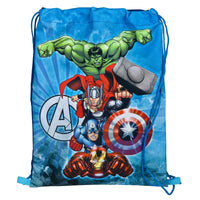 Detailansicht hellblauer Turnbeutel mit Hulk, Thor, Iron Man und Cp. America