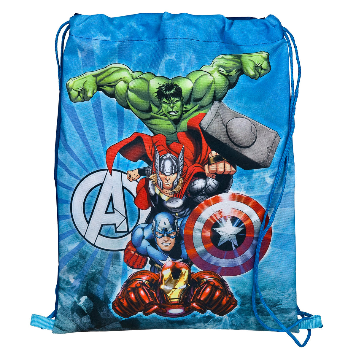Detailansicht hellblauer Turnbeutel mit Hulk, Thor, Iron Man und Cp. America