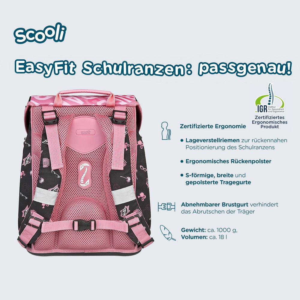 Infotafel Ergonomie des Scooli Easy Fit Schulranzen gepolstert mit Brustgurt