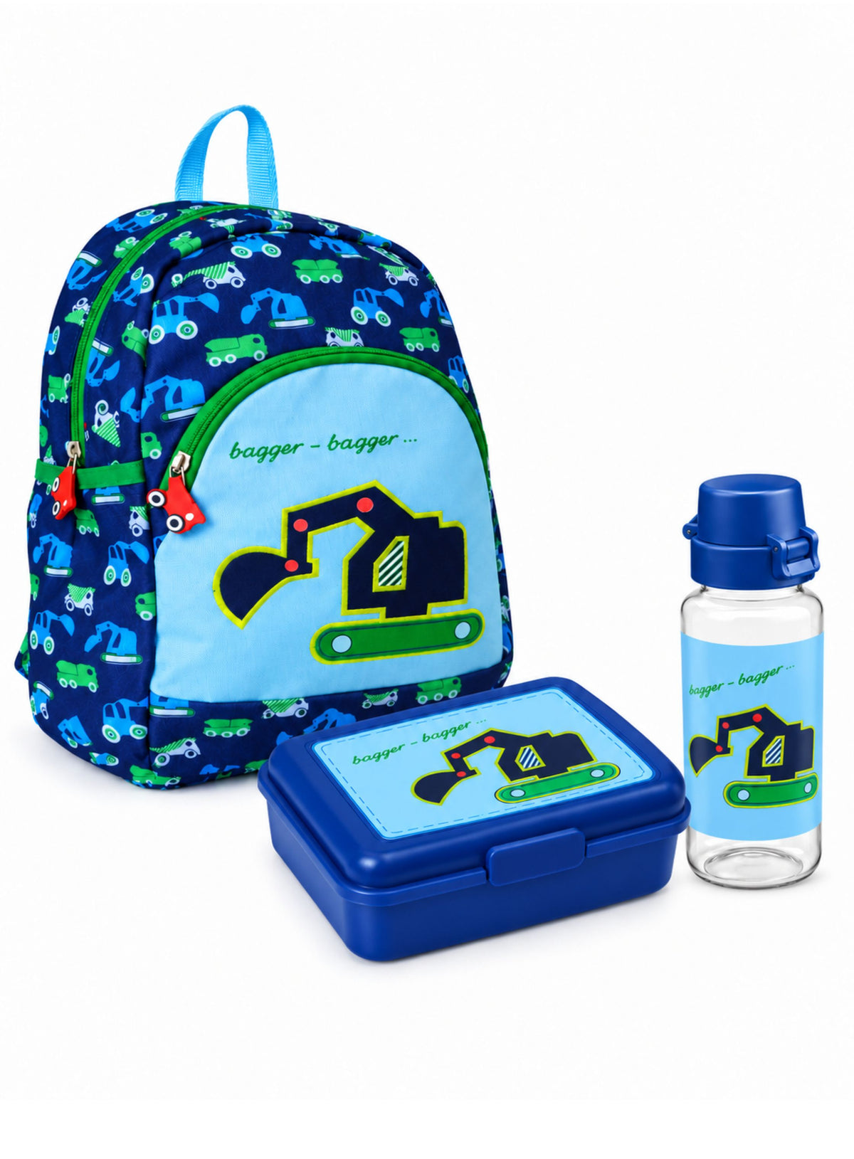 Spiegelburg Bagger Rucksack Set mit Brotdose und Trinkflasche