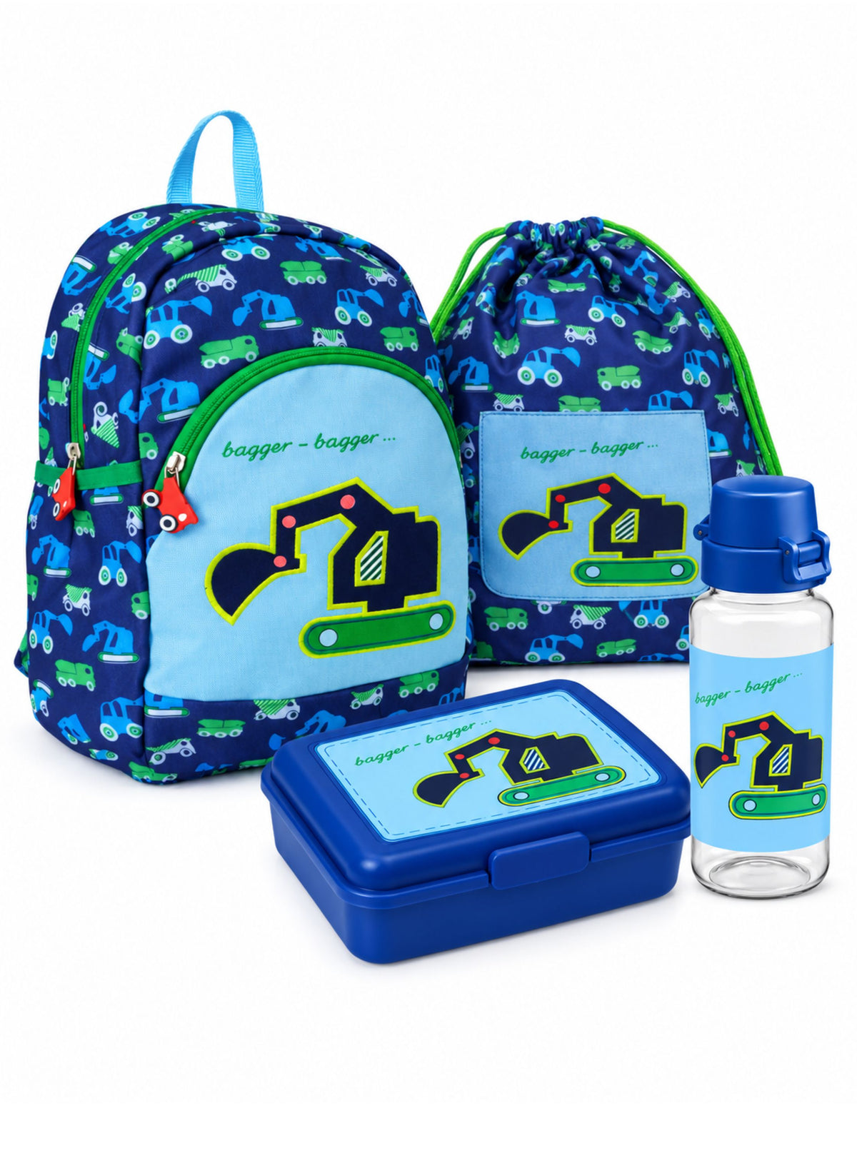 Spiegelburg Bagger Rucksack Set mit Turnbeutel, Brotdose und Trinkflasche