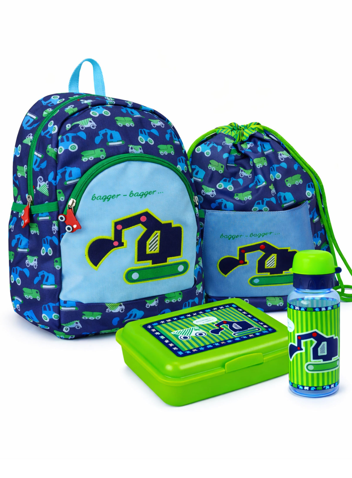 Spiegelburg Bagger Rucksack Set mit Turnbeutel, Brotdose und Trinkflasche