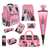 Mädchen Schulranzen mit rosa Barbie Frontansicht linke Seite mit Reißverschluss Tasche