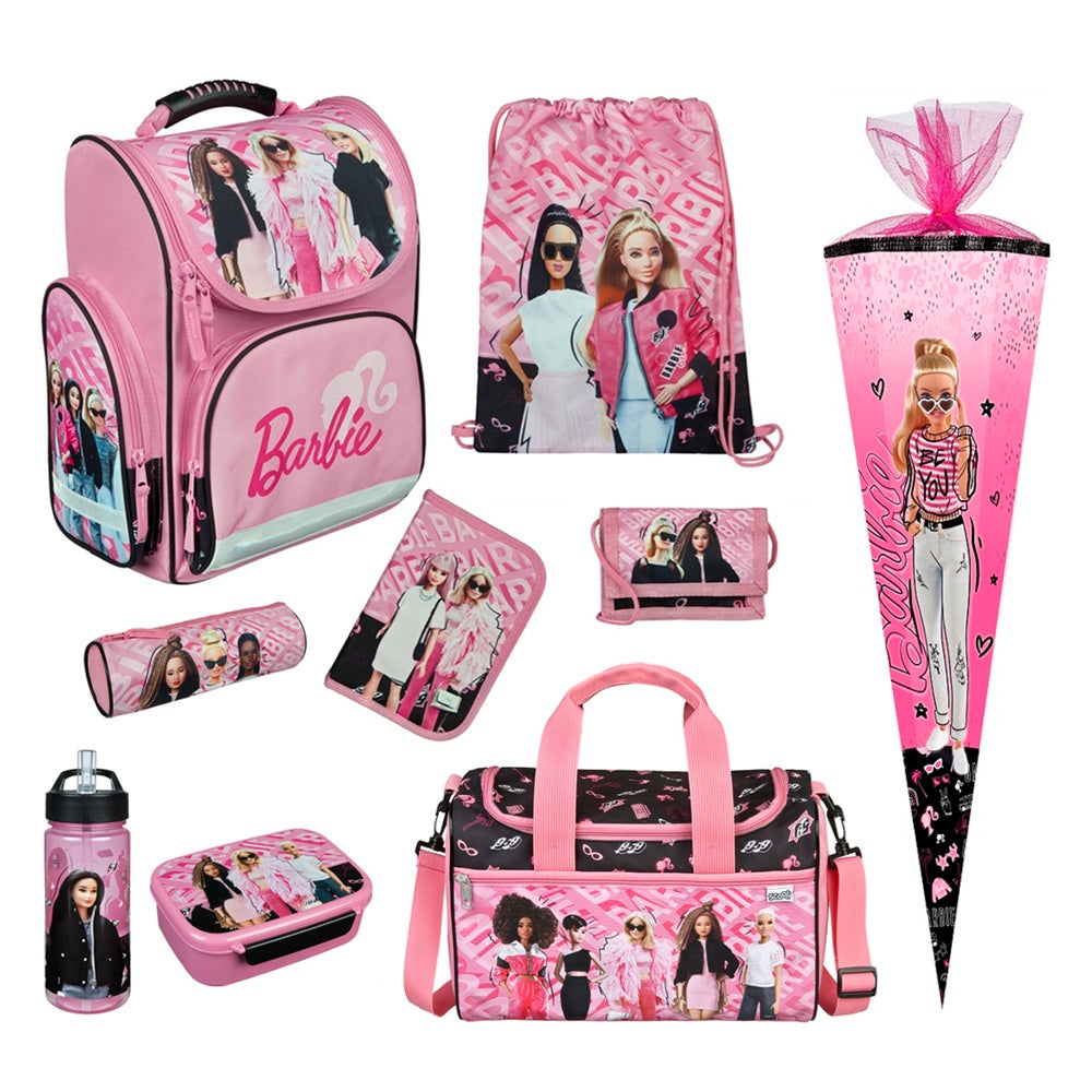 Mädchen Schulranzen mit rosa Barbie Frontansicht linke Seite mit Reißverschluss Tasche