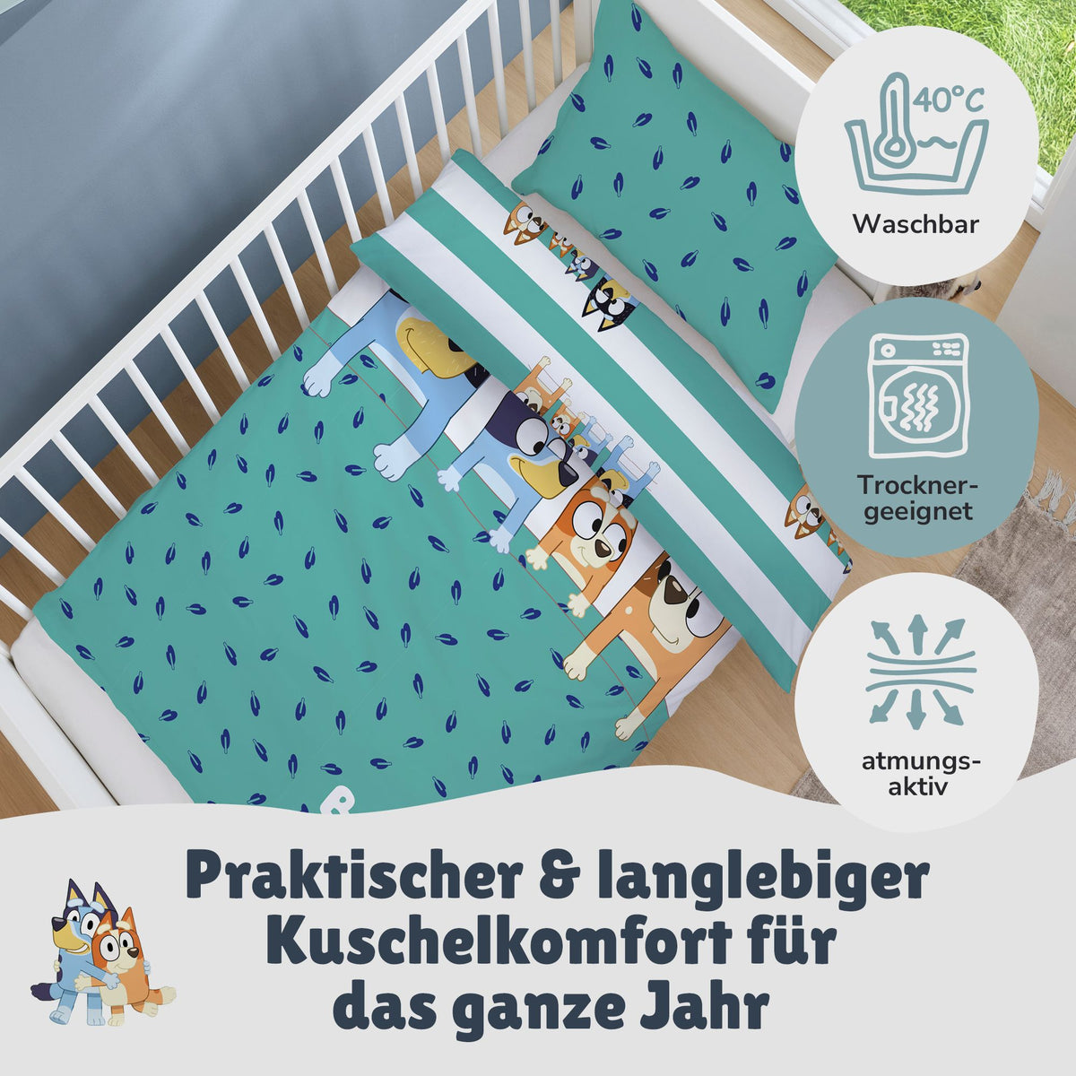 Bluey Bettwäsche im Kinderbett Stimmungsbild im Kinderzimmer mit Dekor