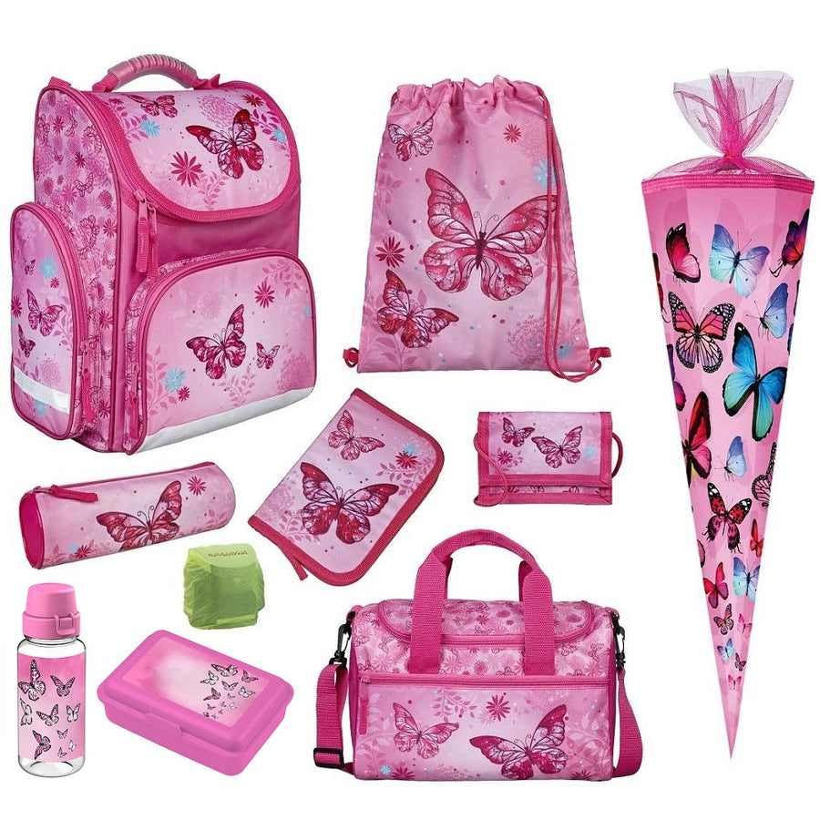 Schmetterling Schulranzen rosa im 5-teiligen Set mit Federmappe, Turn- und Geldbeutel, sowie Schlamperrolle