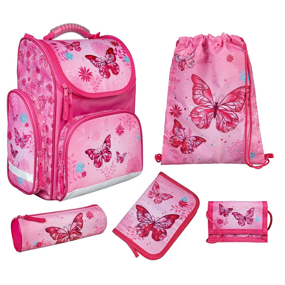 Mädchen Schulranzen mit rosa Schmetterlingen Frontansicht linke Seite mit Reißverschluss Tasche