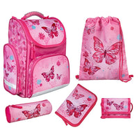 Mädchen Schulranzen mit rosa Schmetterlingen Frontansicht linke Seite mit Reißverschluss Tasche