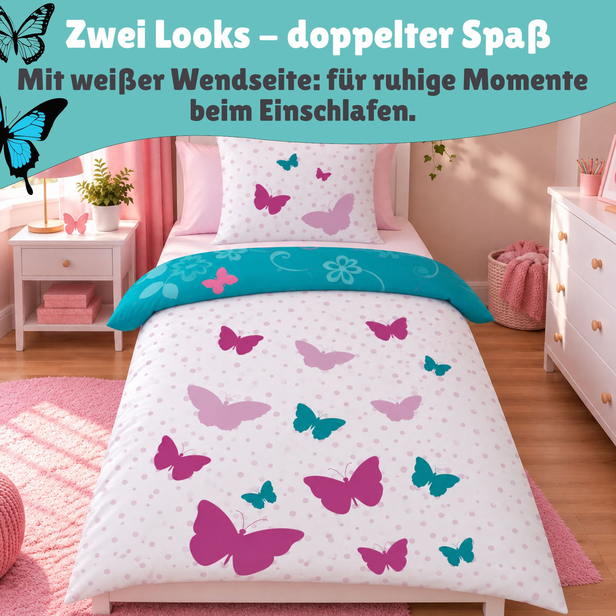 Detailansicht weiße Wendeseite mit rosa und türkisen Schmetterlingen 
