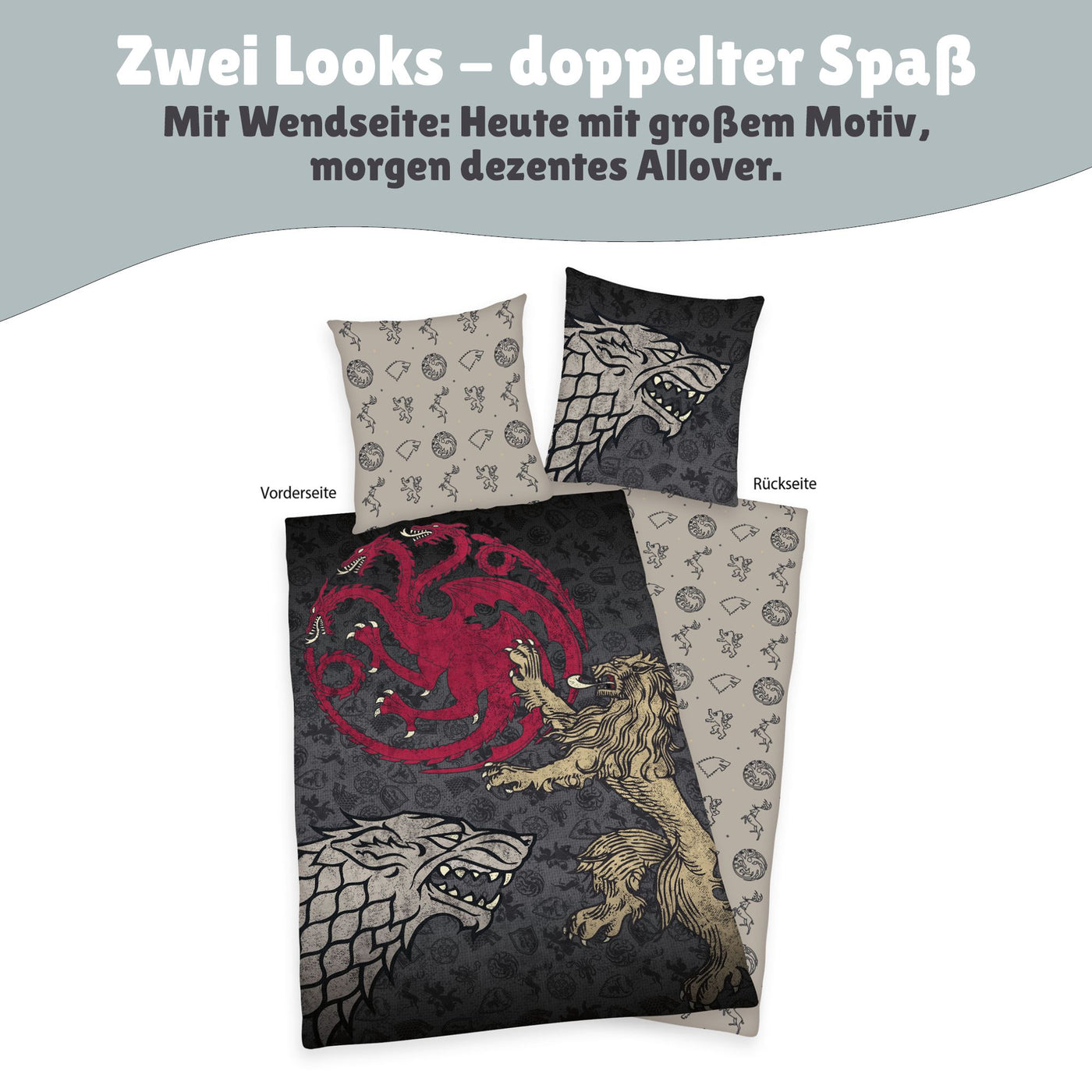 Bettwäsche Set 2-teilig 135x200 80x80 cm GAME OF THRONES aus 100% Baumwolle mit Reißverschluss Öko-Tex zertifiziert