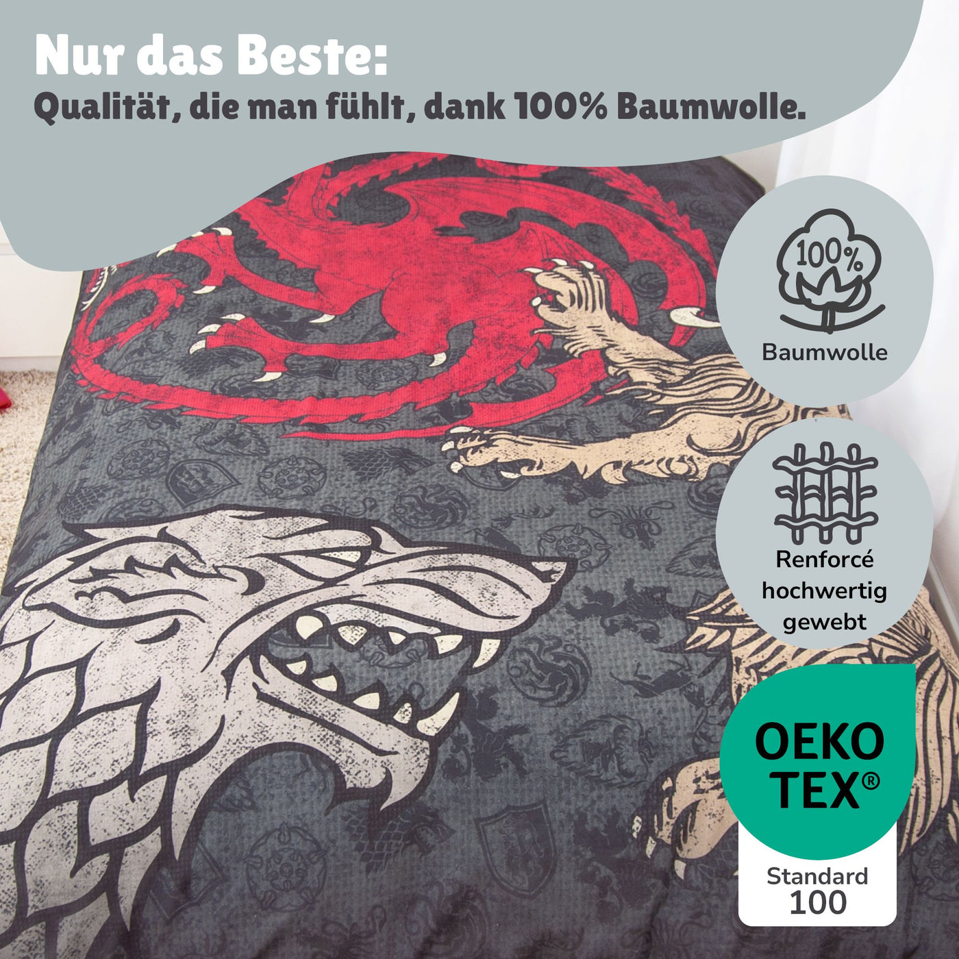 Bettwäsche Set 2-teilig 135x200 80x80 cm GAME OF THRONES aus 100% Baumwolle mit Reißverschluss Öko-Tex zertifiziert