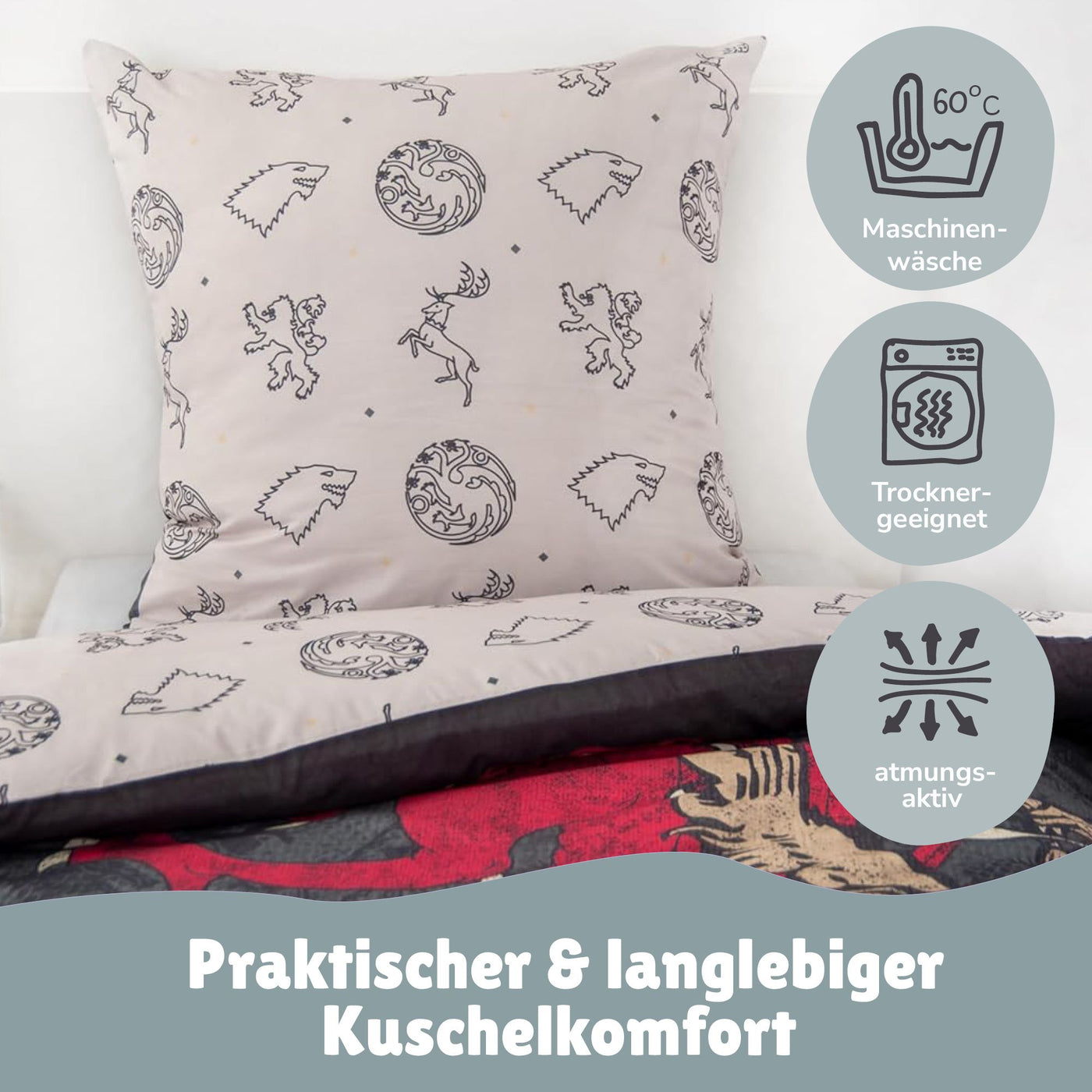 Bettwäsche Set 2-teilig 135x200 80x80 cm GAME OF THRONES aus 100% Baumwolle mit Reißverschluss Öko-Tex zertifiziert