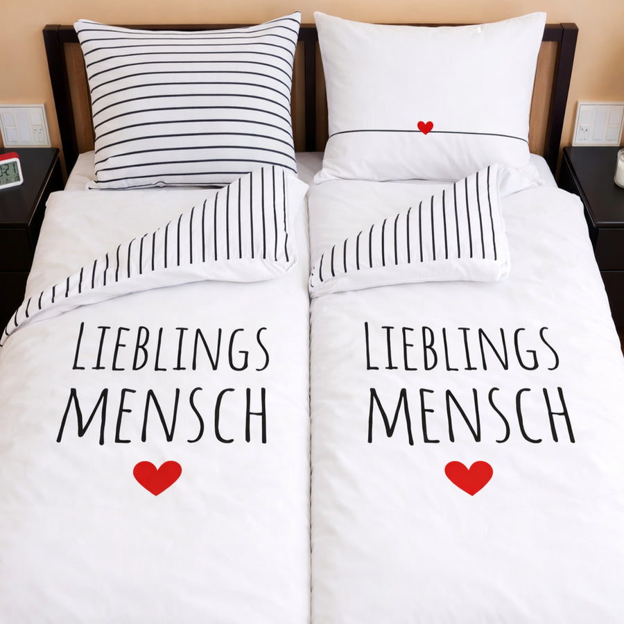Bettwäsche Set 4-teilig 135x200 80x80 cm LIEBLINGSMENSCH aus 100% Baumwolle mit Reißverschluss Öko-Tex zertifiziert