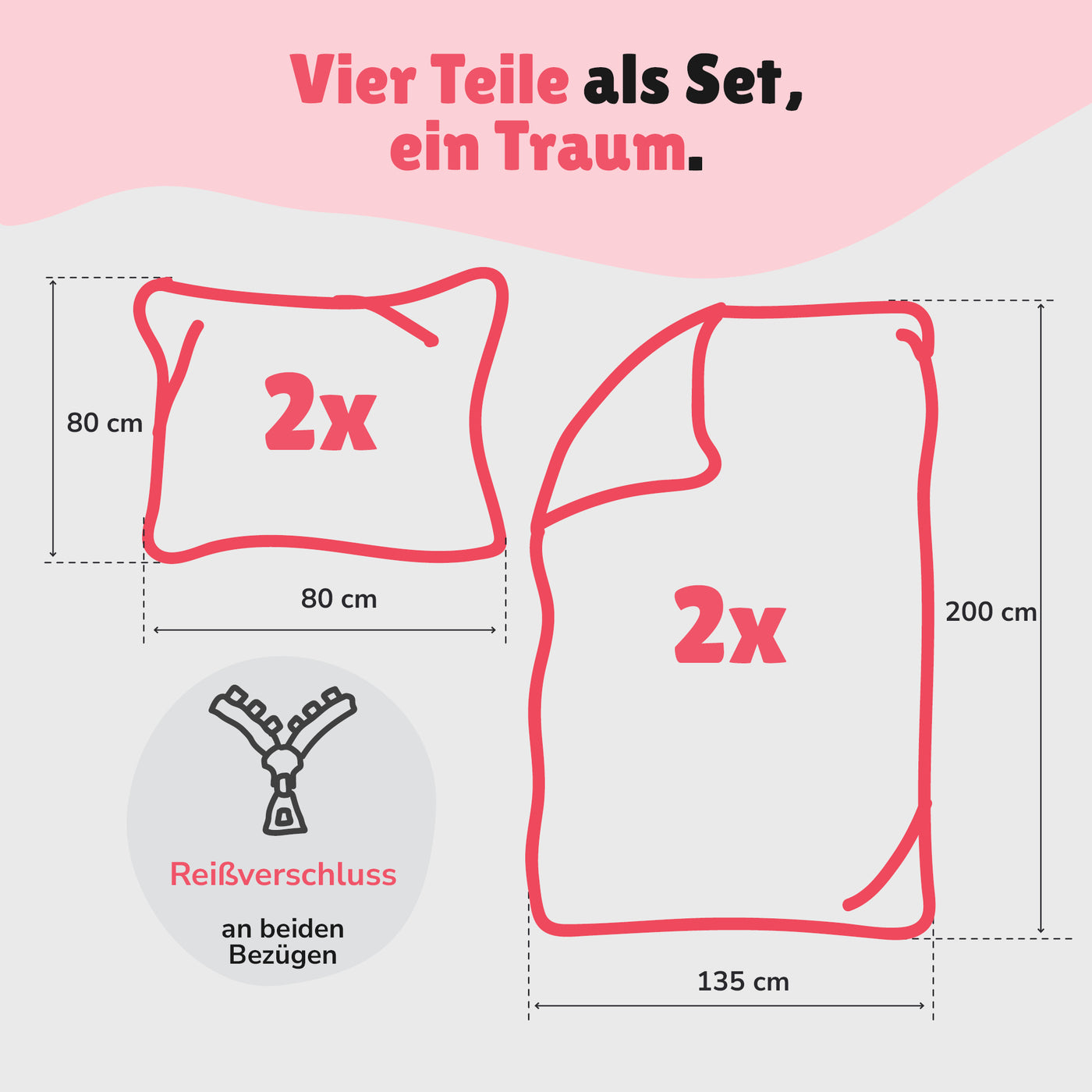 Bettwäsche Set 4-teilig 135x200 80x80 cm LIEBLINGSMENSCH aus 100% Baumwolle mit Reißverschluss Öko-Tex zertifiziert