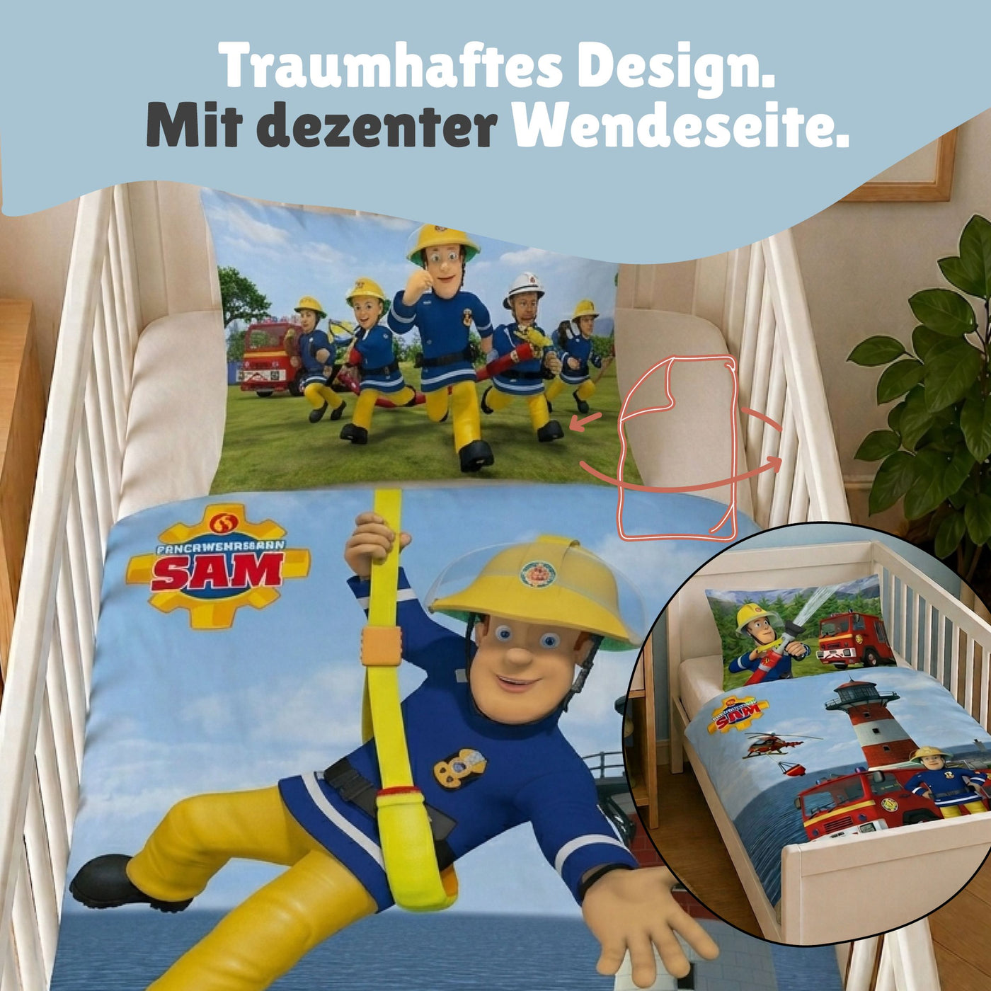 Baby Bettwäsche Set Feuerwehrmann Sam 2-teilig - 100x135 40x60 cm aus 100% Baumwolle mit Wende-Motiv