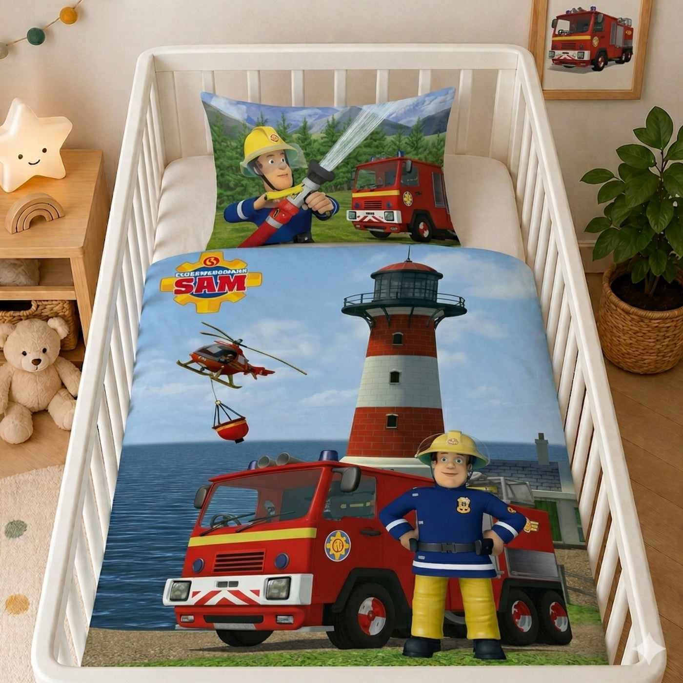Baby Bettwäsche Set Feuerwehrmann Sam 2-teilig - 100x135 40x60 cm aus 100% Baumwolle mit Wende-Motiv
