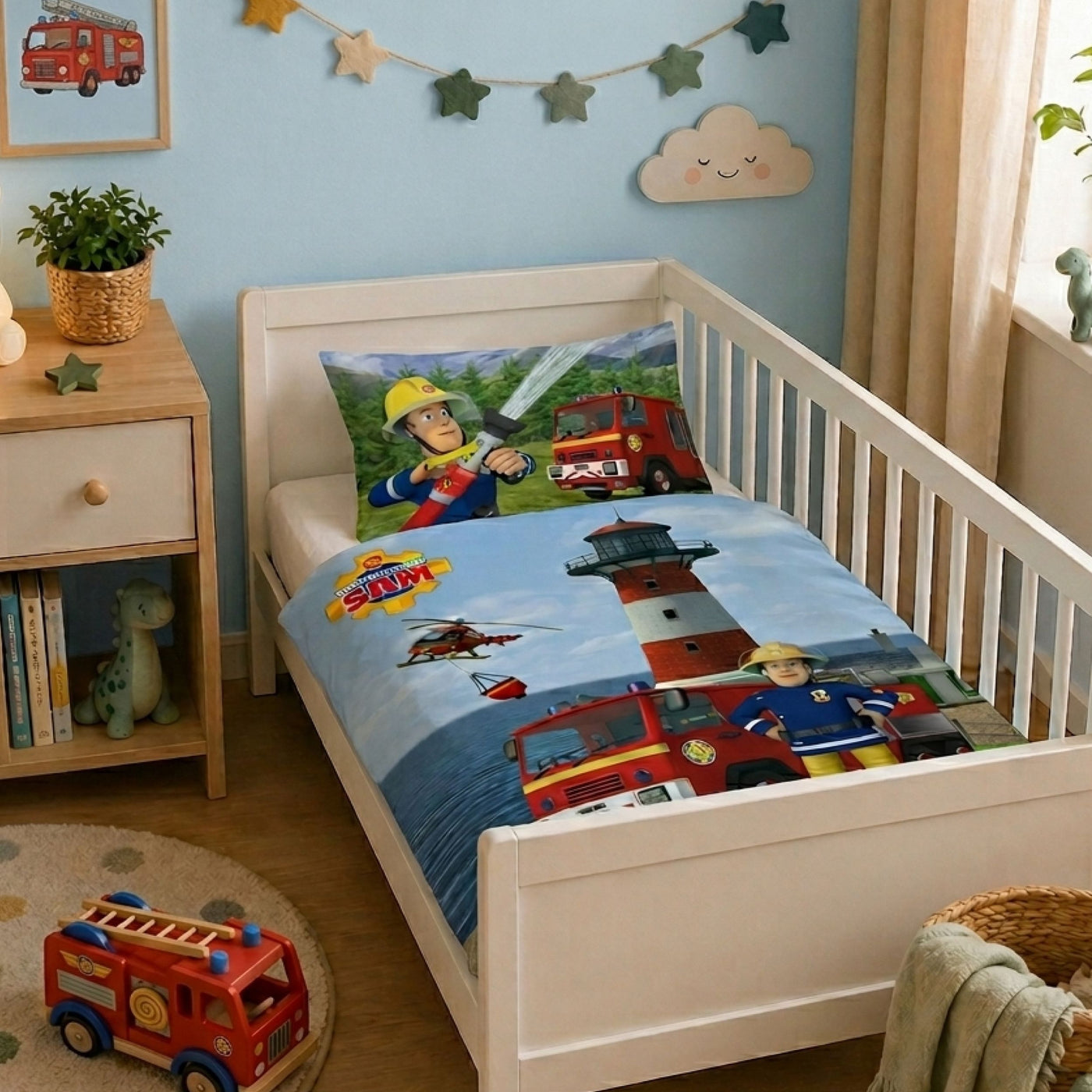 Baby Bettwäsche Set Feuerwehrmann Sam 2-teilig - 100x135 40x60 cm aus 100% Baumwolle mit Wende-Motiv