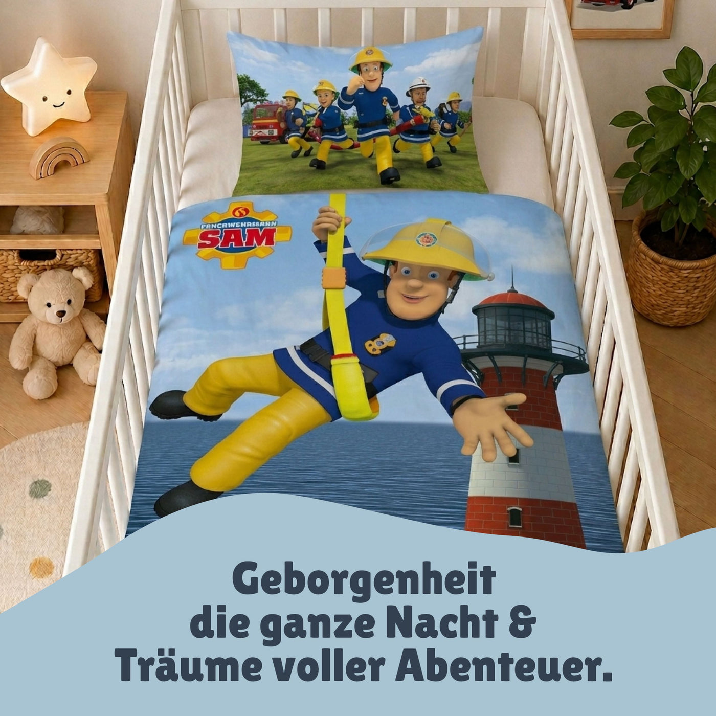 Baby Bettwäsche Set Feuerwehrmann Sam 2-teilig - 100x135 40x60 cm aus 100% Baumwolle mit Wende-Motiv