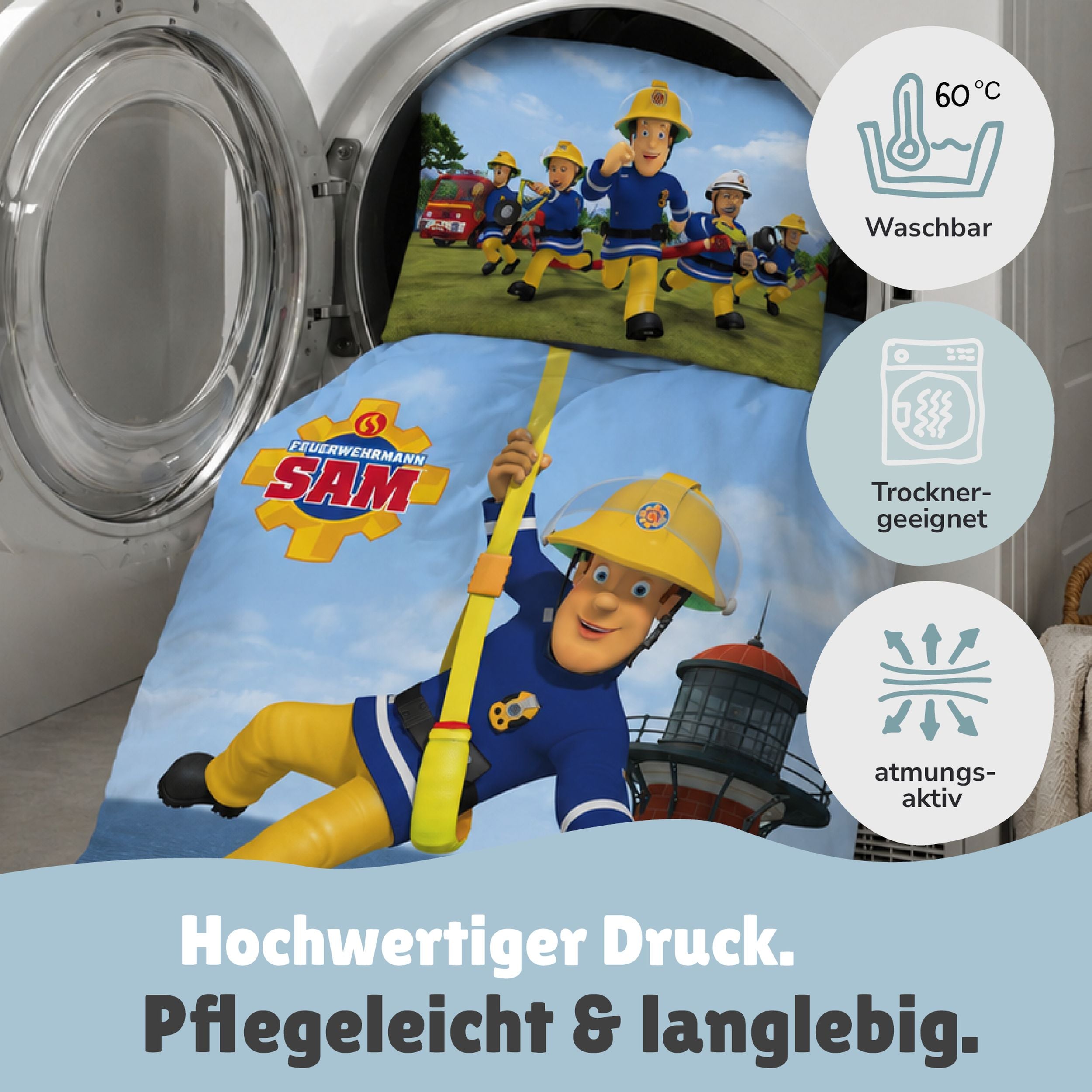Baby Bettwäsche Set Feuerwehrmann Sam 2-teilig - 100x135 40x60 cm aus 100% Baumwolle mit Wende-Motiv