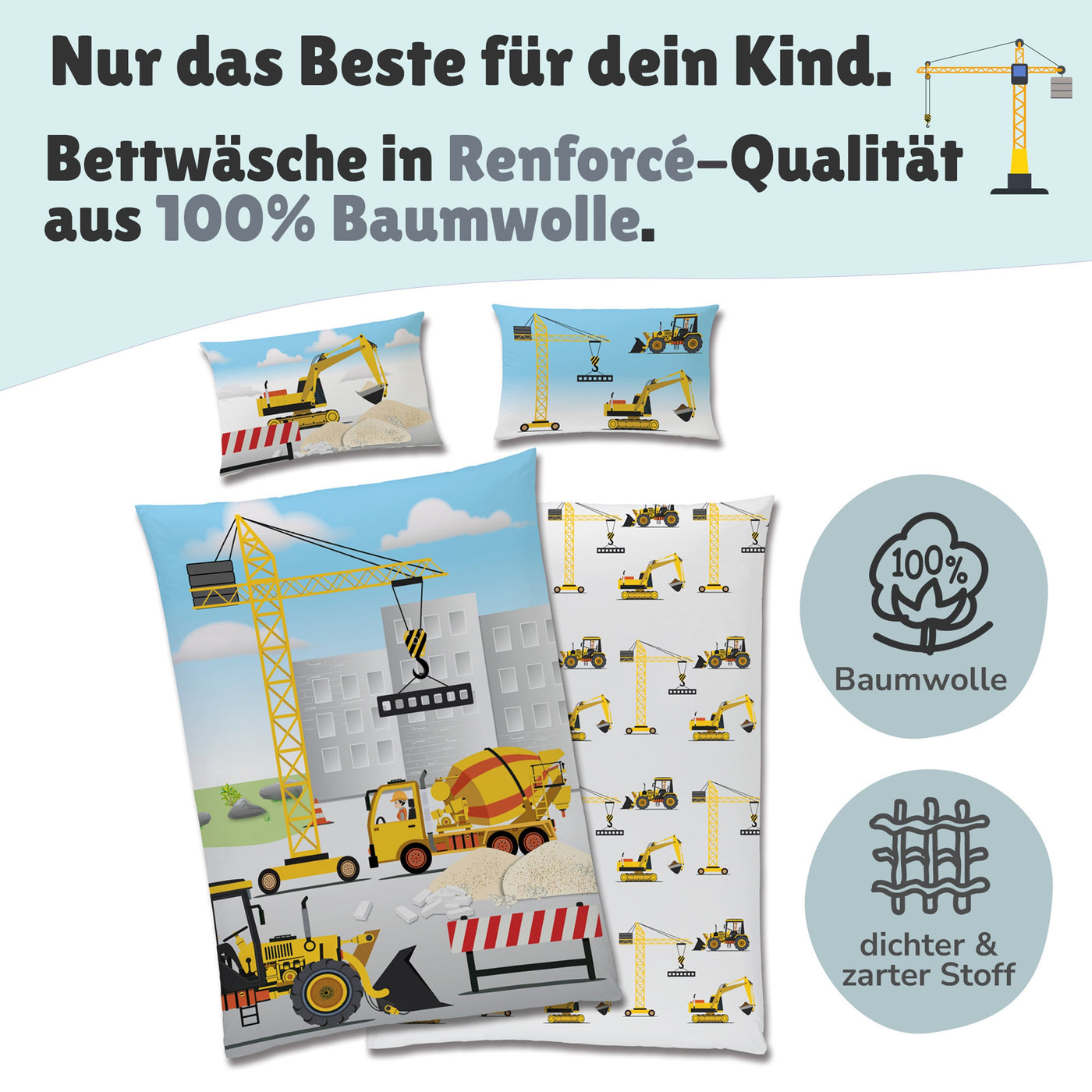 Vorder- und Rückseite der hellblau und weißen Babybettwäsche mit Baustellen Motiv nebeneinander dargestellt