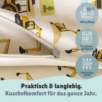 Rückseite der Bettwäsche mit Muster aus Bagger, Kran und Frontlader in gelb vor weißem Grund