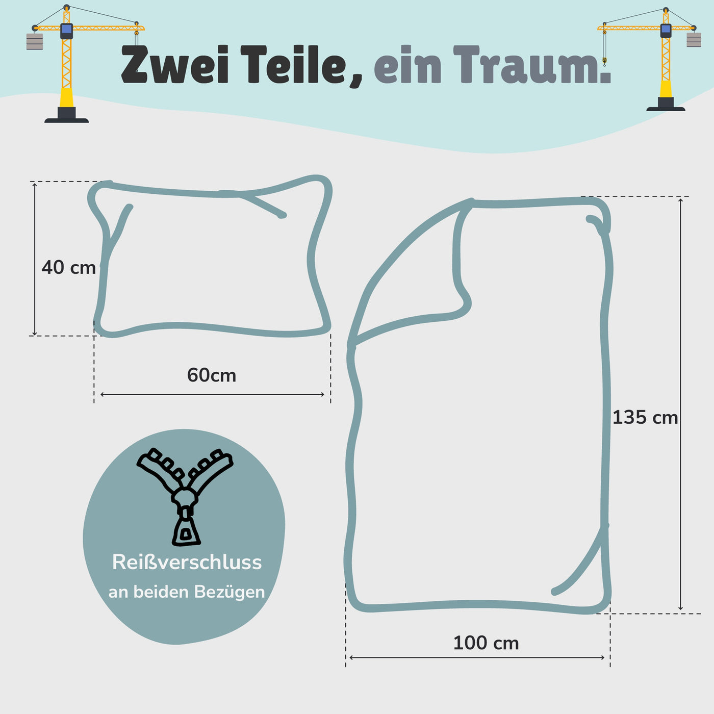 Vorder- und Rückseite der hellblau und weißen Babybettwäsche mit Baustellen Motiv nebeneinander dargestellt zusätzlich mit Text beschriftet