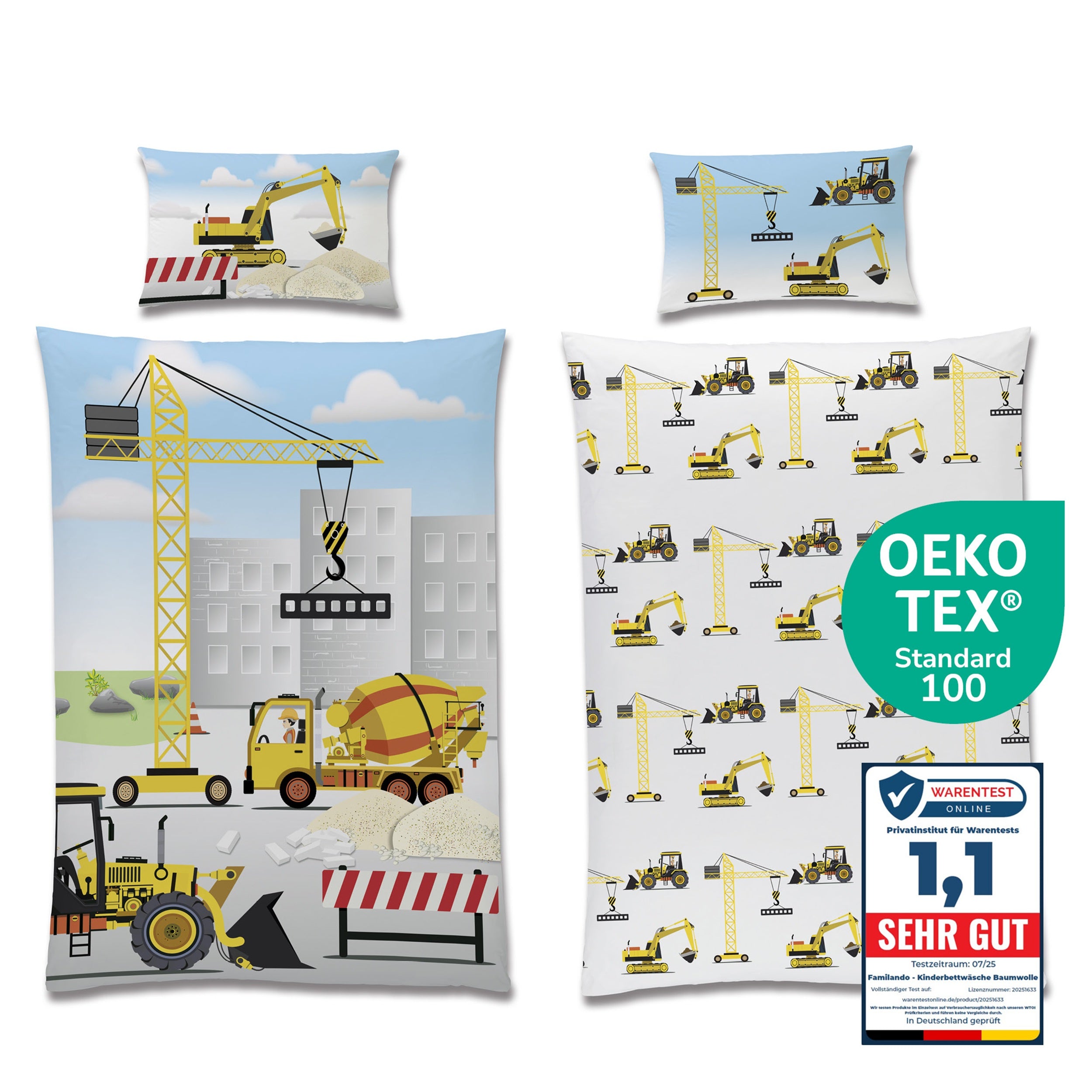 Kopfkissen Vorderseite mit Bagger und Schutt und Rückseite mit Kran, Bagger und Frontlader nebeneinander dargestellt
